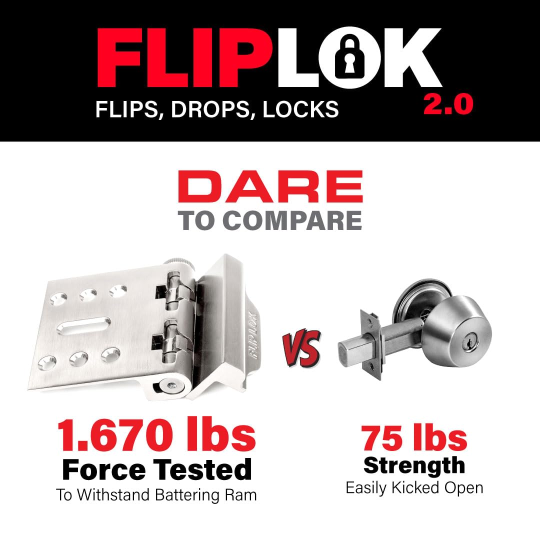 Flip Lok Fliplok High Security Door Lock - 10X Stronger Than A Deadbolt, Keypad Lock, Silver, Keyless