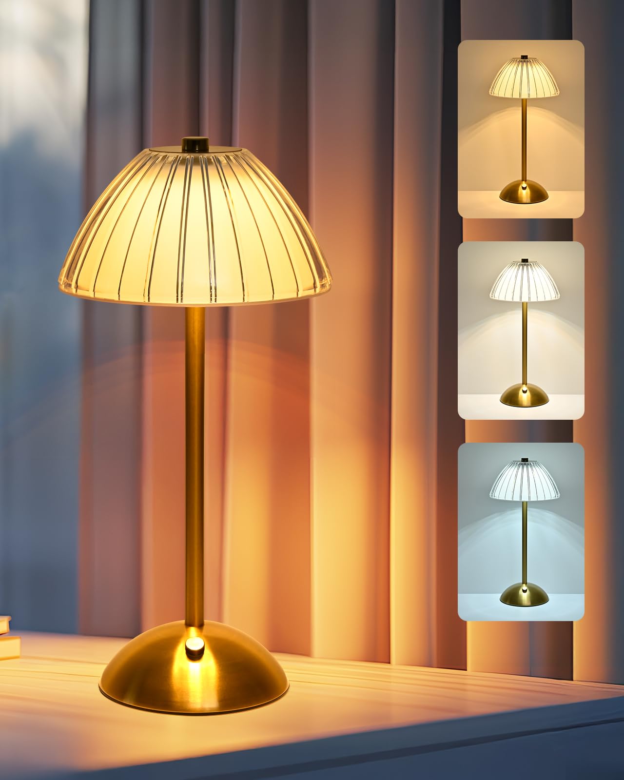Hiseego Cordless Table Lamps, 3-Color Touch Stepless Dimmable, 2000Mah Rechargeable Battery Powered Lighting Crystal Table Lamp, Small Lamp For Living Room, Bedside, Counter, Kitchen, Bathroom(Gold)