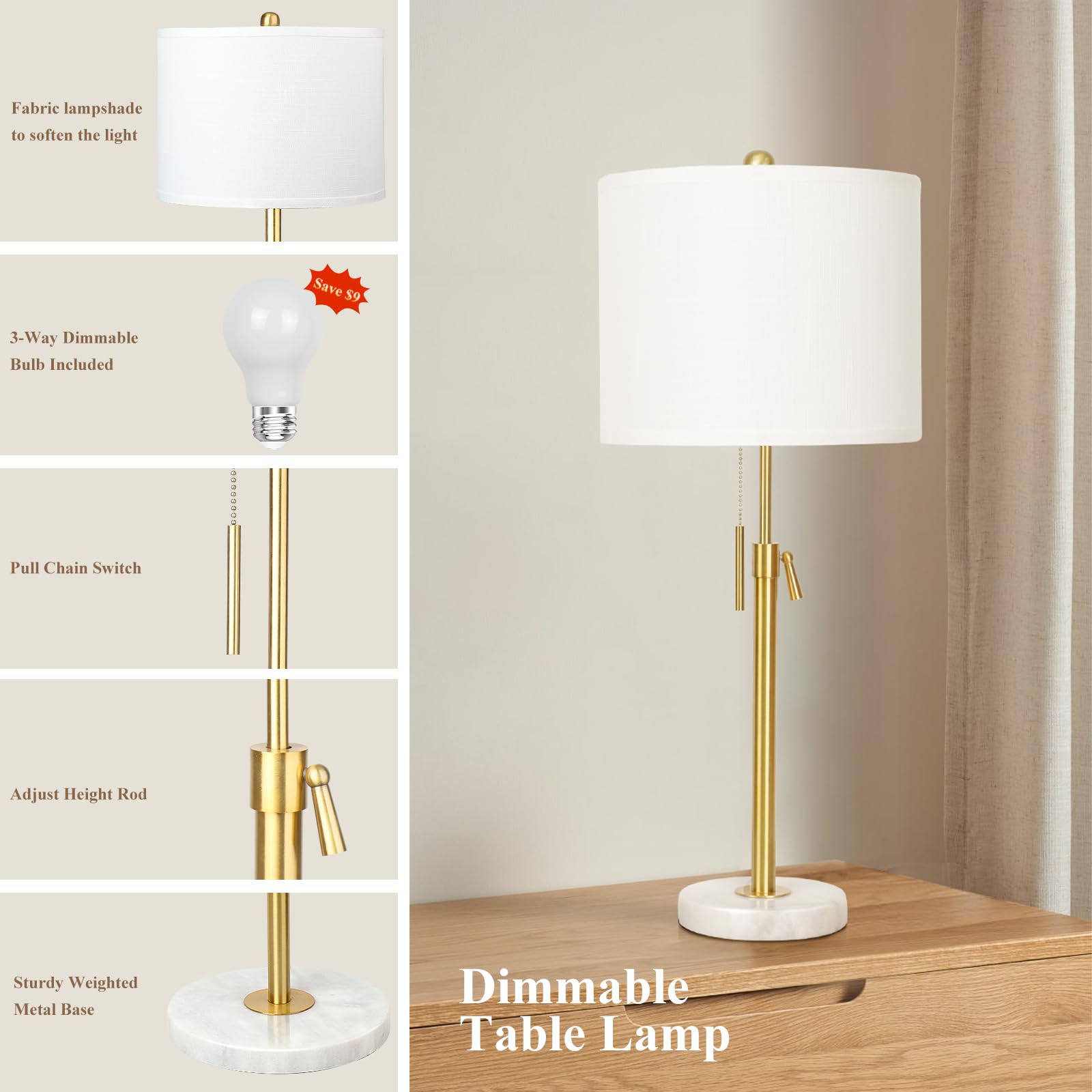 Qingmiao Lamp Modern Set Of 2: 22" To 30" Height Adjustable Pull Chain Switch For Living Room Bedroom End Table, Marble Base White Linen Shade Golden Pole Nightstand Lamp Brass For Office, Bedside Table