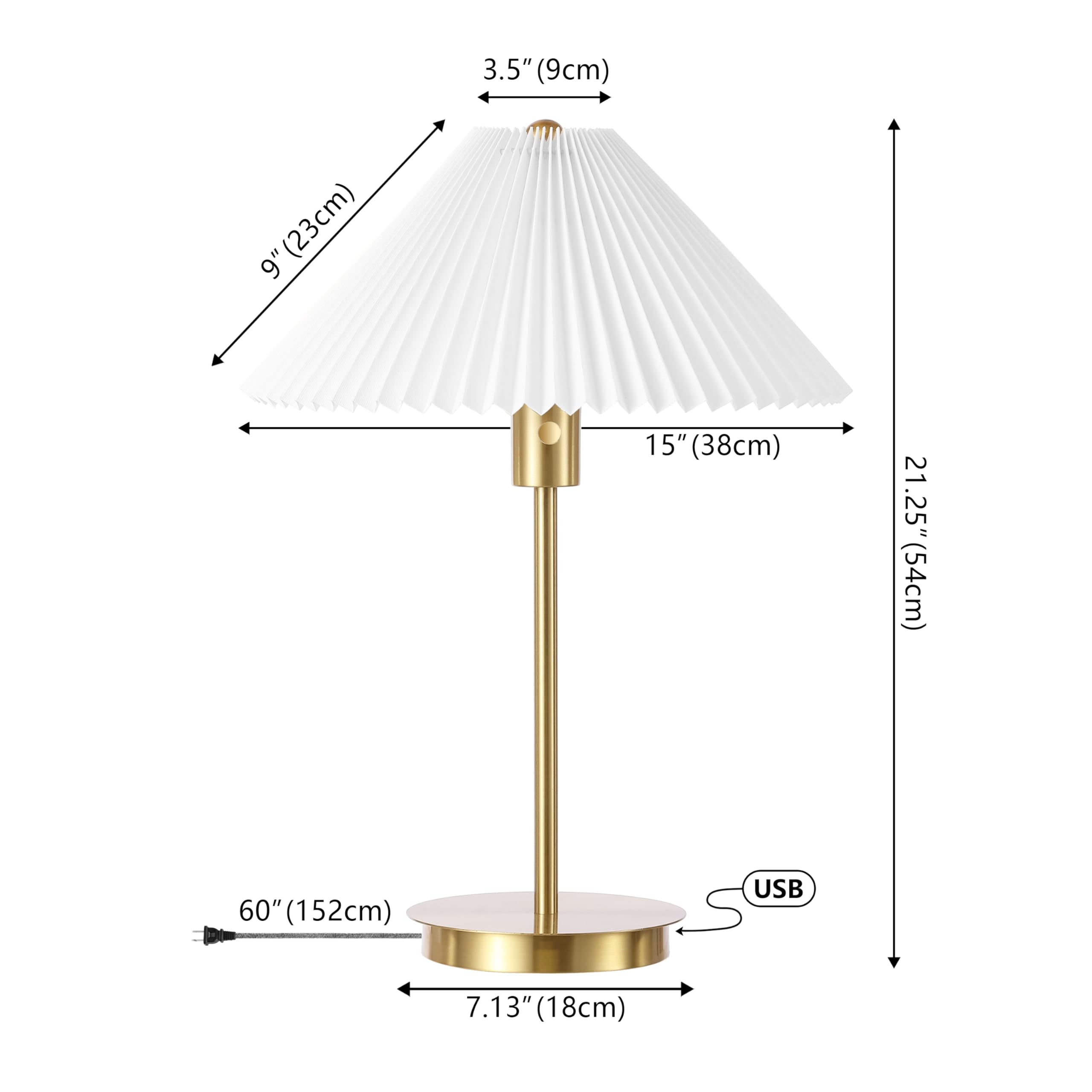 Jonathan Y Jyl1149A Freida 21.25" Modern Glam Metal Column Led Table Lamp With Usb Charging Port And Pleated Shade For Bedroom, Living Room, Office, Brass Gold/White
