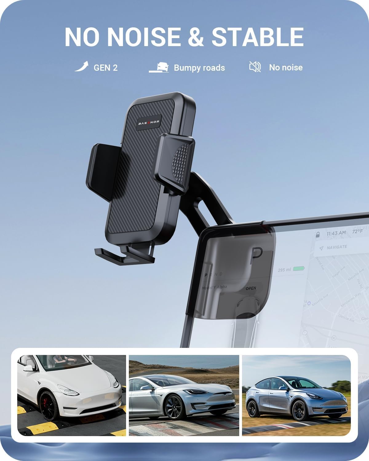 Basenor  Tesla Phone Mount Holder [Large Screen User Friendly] Model 3 Y Strong Adhesion 360° Swivel Cell Phone Stand Tesla Accessories Fits All Iphone Android (Not Fit   Model 3)