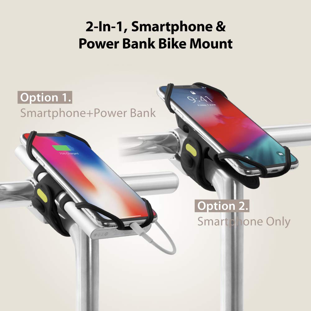 Bone Bike Tie Pro Pack 1, Bike Cell Phone + Charger Mount For Stem, Scratch- Silicone Holder, Universal Cycling Phone + Power Bank Holder Compatible With Most Smartphones (Black - 2-In-1 Mount)