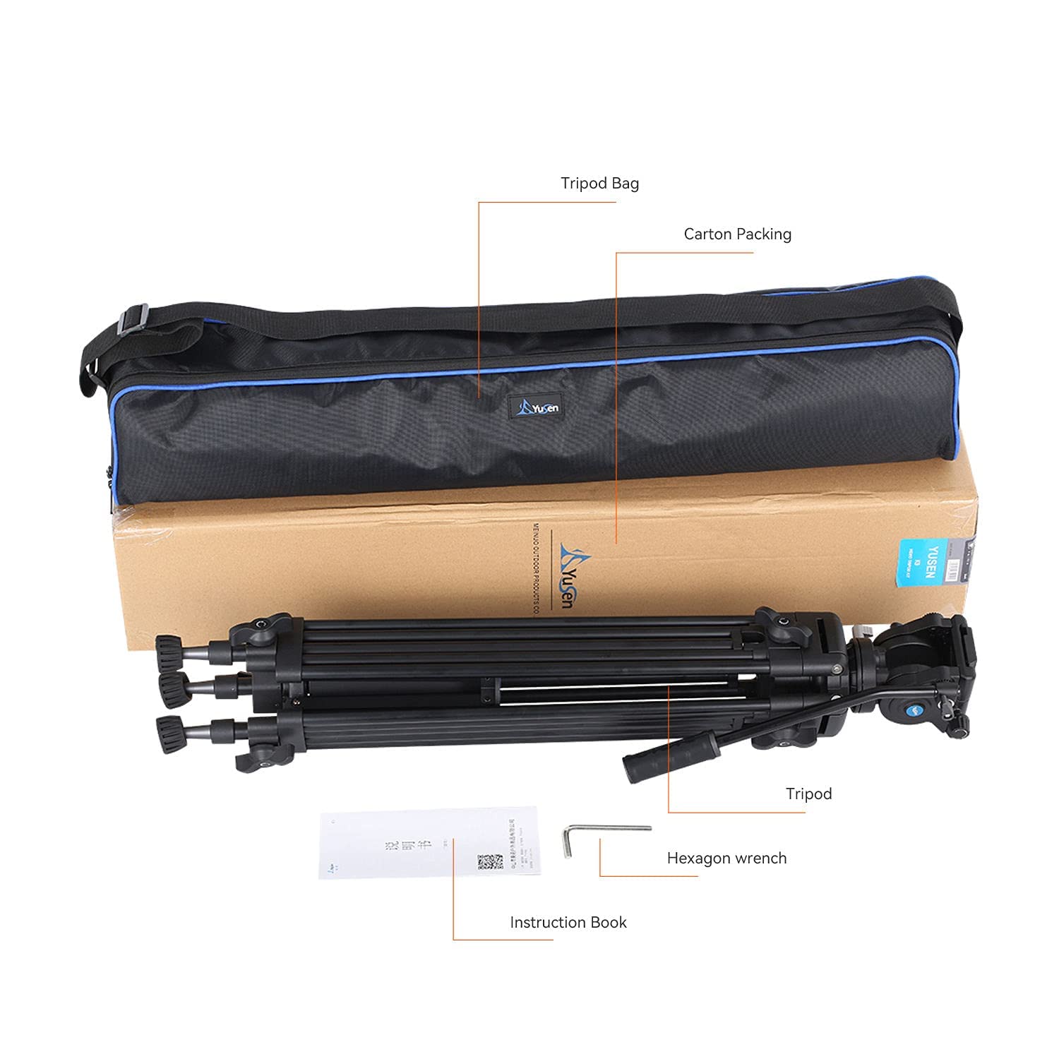 Yusen 72" Camera Tripod Professional Video Heavy Duty Tripod Aluminium Twin Tube Stand With 360° Degree Fluid Drag Head, Qr Plate Compatible With Dslr Camcorder Cameras Lodad Up To 17.6Lb