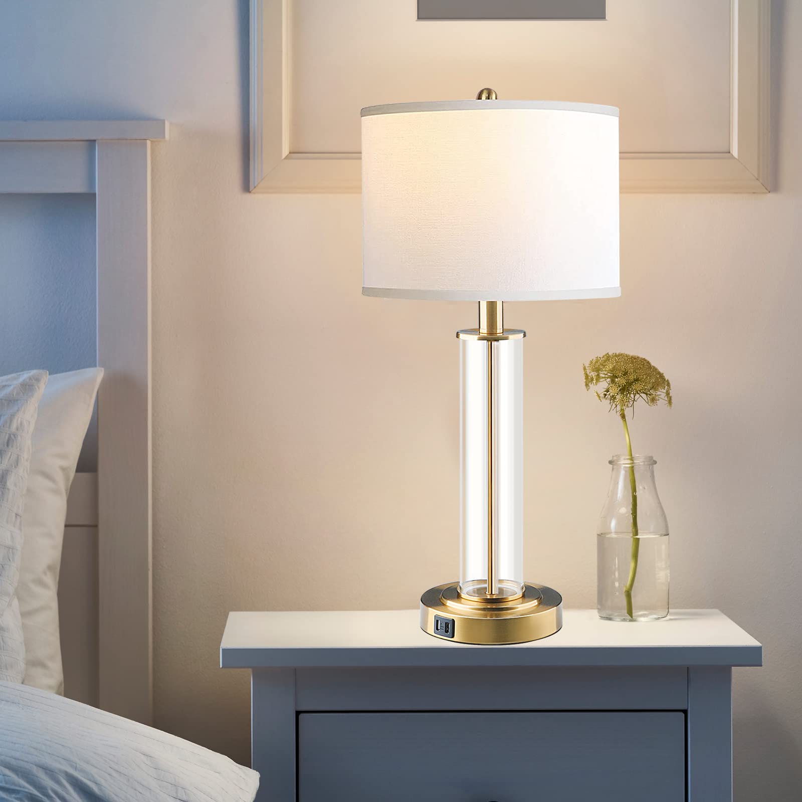 Bdrofn Table Lamps For Living Room,Touch Control Gold Lamps For Bedrooms Set Of 2,Modern Bedside Table Lamp With Dual Usb Ports,Tall Nightstand Lamp With Whites Lampshades (2 Bulbs Included)