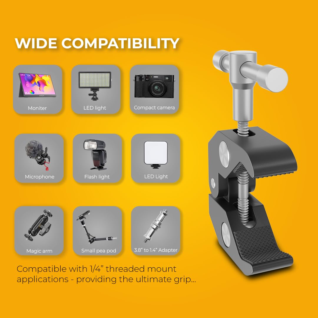 Reflex Camera Super Clamp With 1/4" And 3/8" Thread Ideal Magic Arm Clamp With Rotary Handle For Photography, Tripod, Lights, Umberellas, Dslr Cameras, Shelves, Rods, Light Stands - Fully Adjustable