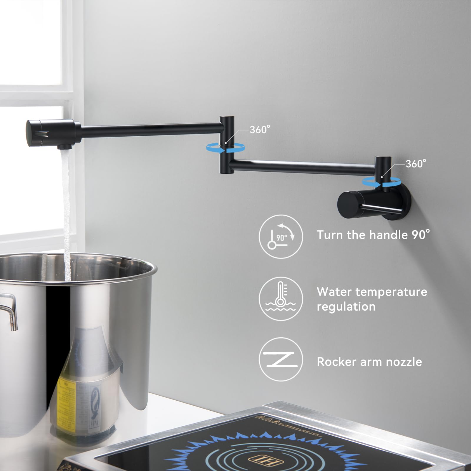 Mr. Faucet Wall Mount Kitchen Pot Filler Faucet 360° Swivel Folding Swing Arm Built-In Bearing Joint Technology, For Kitchen Stove, Coffee Station, Bar Filler&Water Station(Matte Black)