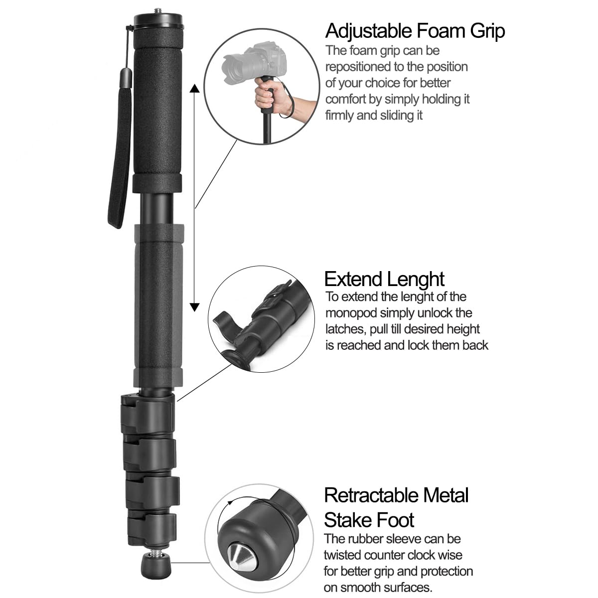 Kliomax 62" Inch Monopod With Integrated Safety Strap And 4 Section Extending Pole For All Digital Cameras, Dslr, Mirrorless, Compact Cameras, Camcorders & Cell Phones