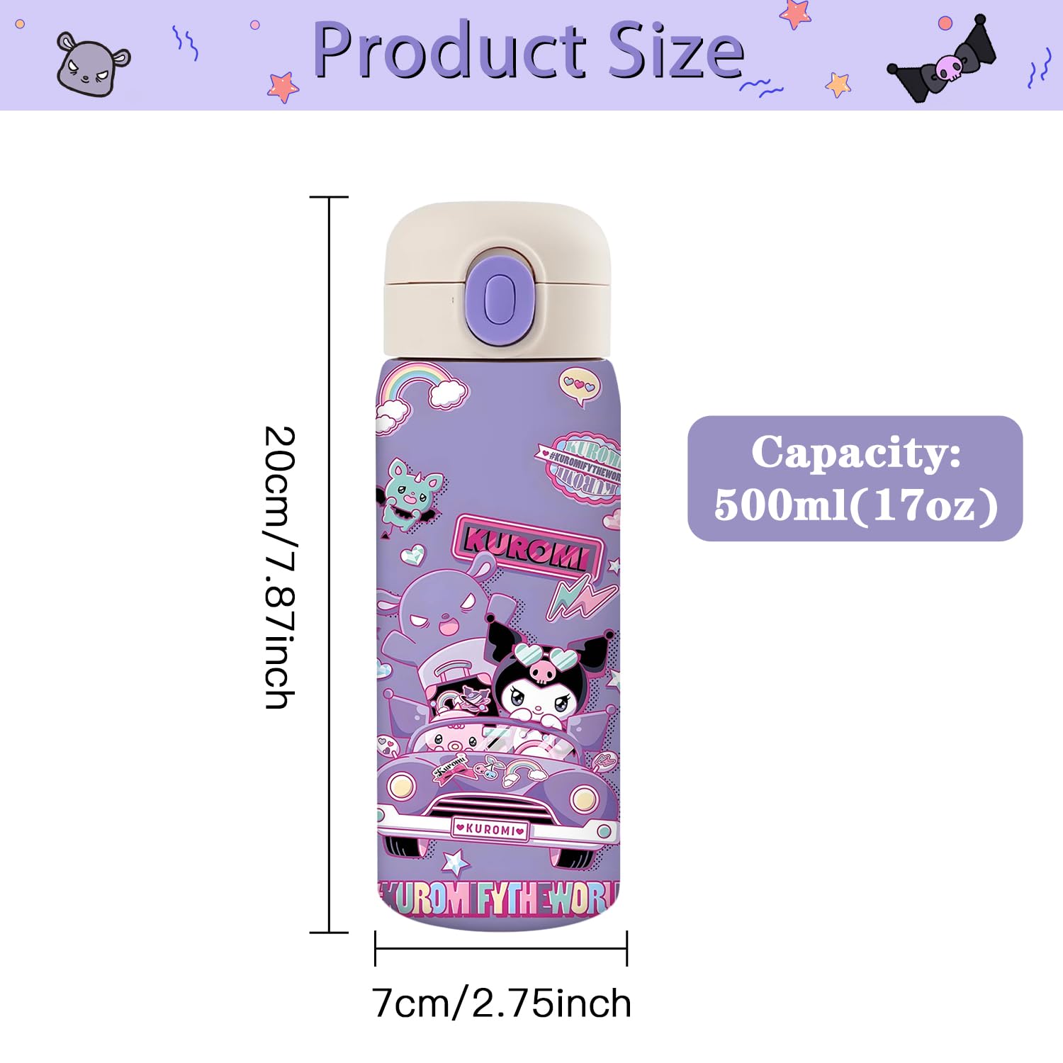Cute Water Bottle, Vacuum Insulated Cartoon Stainless Steel 17Oz Kawaii Cup Thermoses