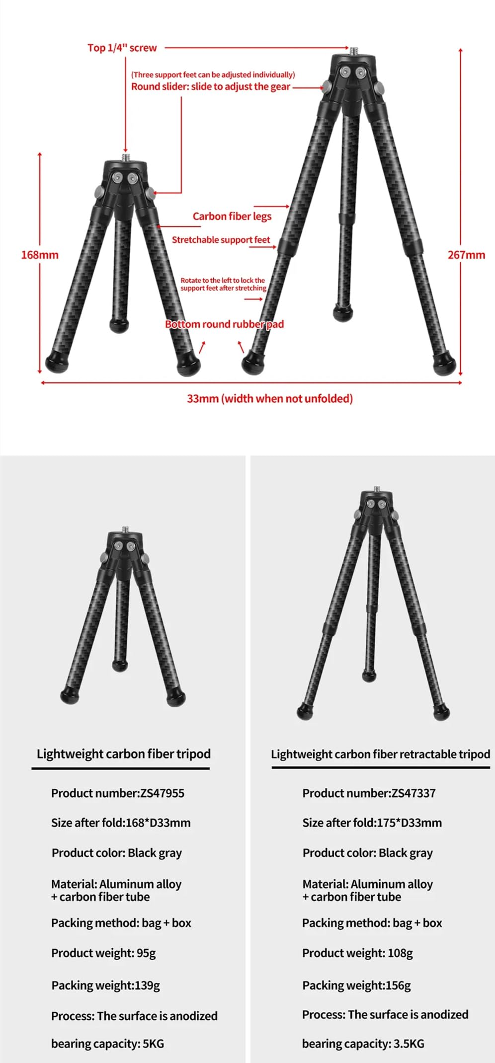 Cool Racing 2 Section Carbon Fiber Mini Tripod Portable Desktop Tripod With 1/4" Screw For Camera Smartphone Bracket Holder, 3.5Kg Max Load (Extendable Version)