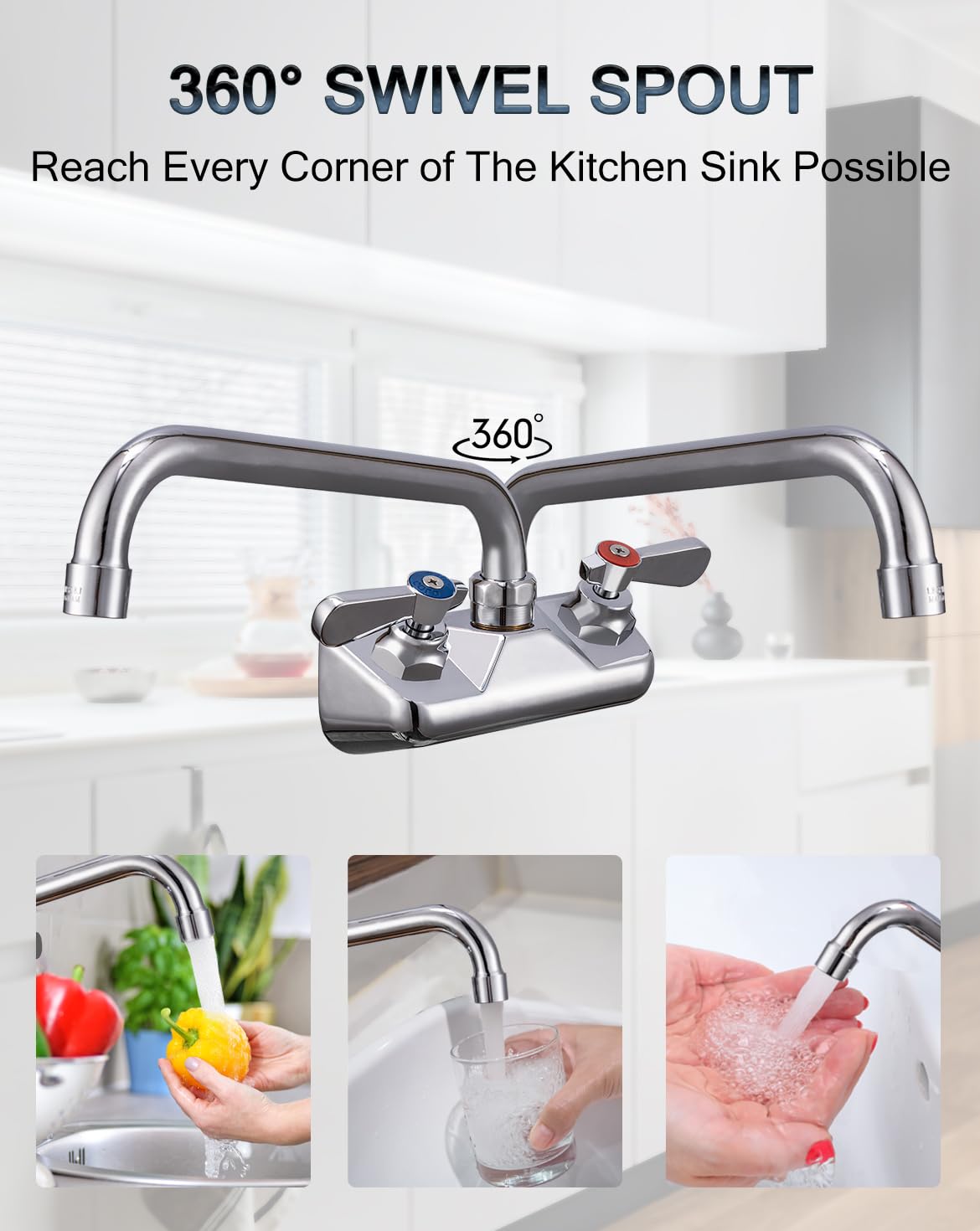 Phivan Commercial Kitchen Sink Faucet, 4 Inch Center, Wall Mount, 2 Hole, Brass, Polished Chrome, 12 Inch Swivel Spout, 360 Rotation, 1.8 Gpm, Modern Style, Silver