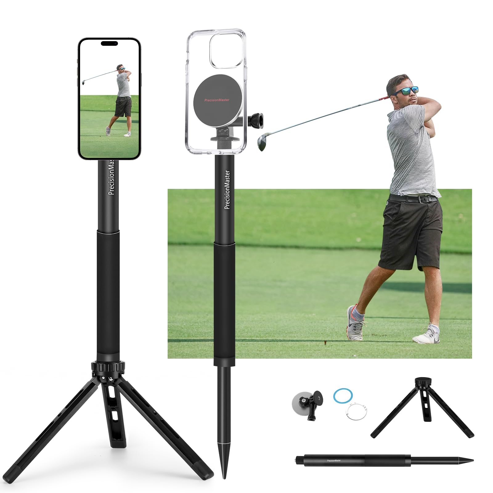 Precisionmaster Golf Tripod & Monopod, Magnetic Golf Film Stick 52" Adjustable Aluminum, Golf Swing Training Aid Compatible With Magsafe Iphone Android Phones (4 Magnet)