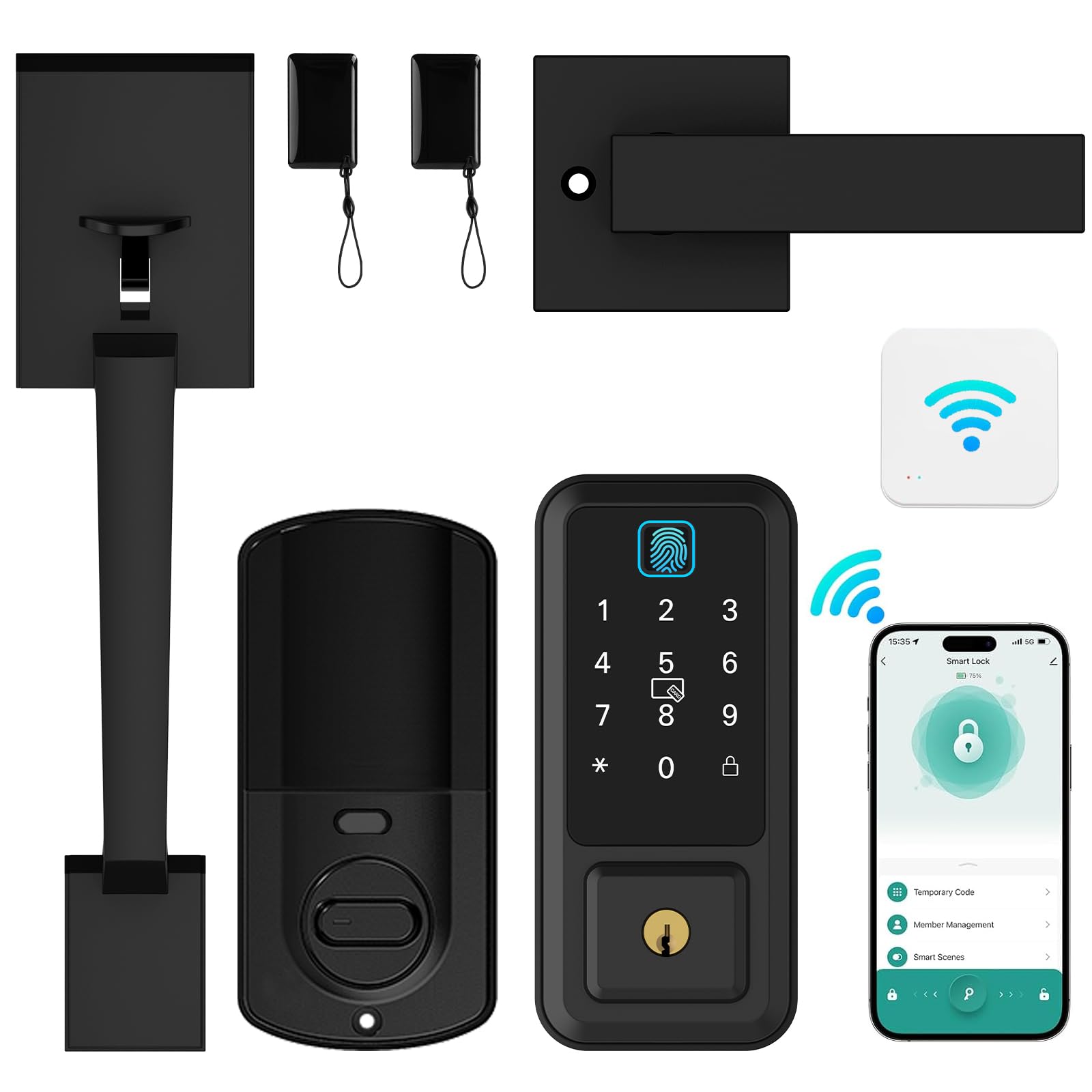 Hunnay Wifi Front Door Lock With Handle Set, App Control, Keyless Entry Door Locks Fingerprint Deadbolt, Smart Locks For Front Door Touchscreen Keypad, Auto Lock (Black)