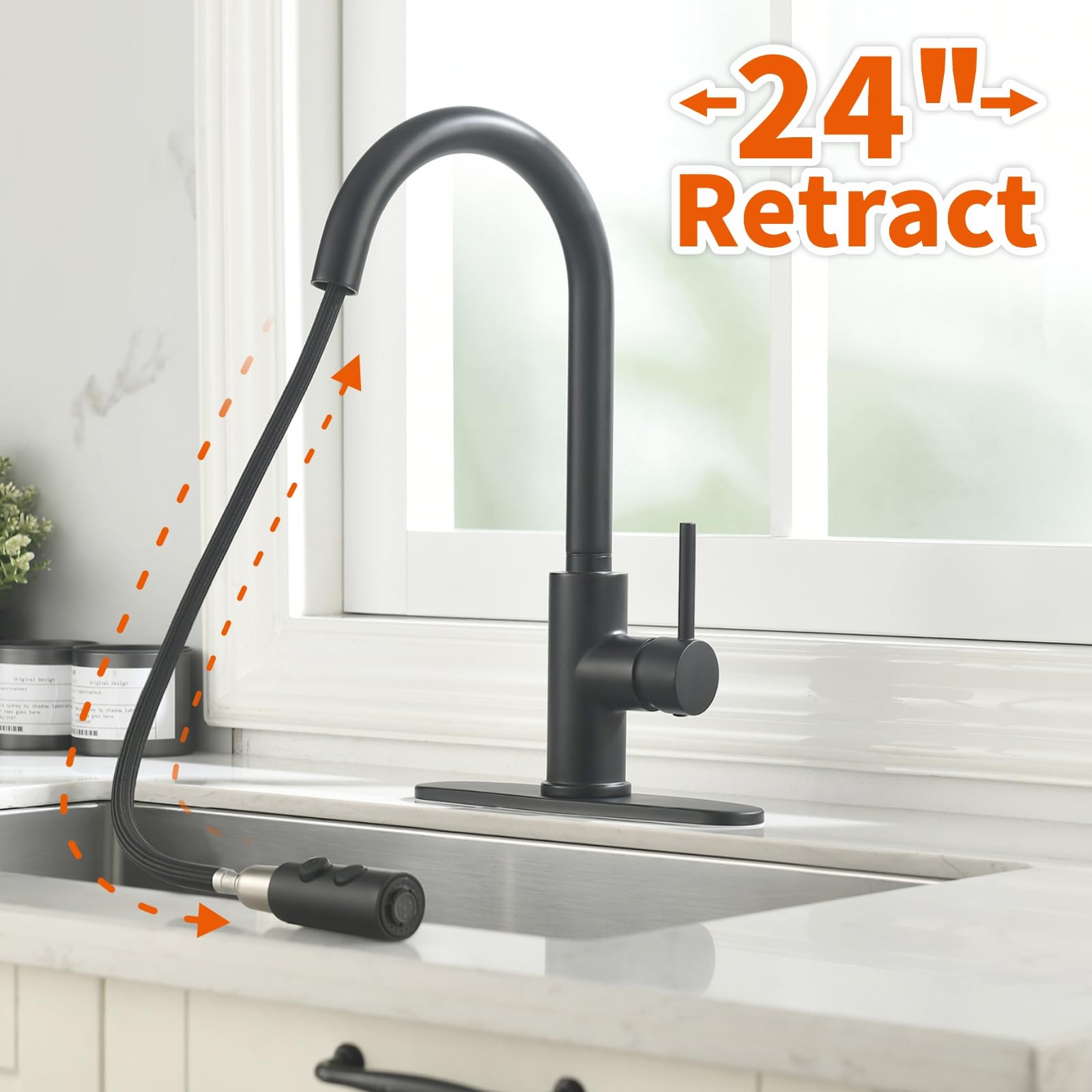 Rulia Matte Black Kitchen Faucet, Black Faucet, Kitchen Sink Faucet, Pull-Down Kitchen Faucets, Bar Kitchen Faucet, Stainless Steel, Rb1031