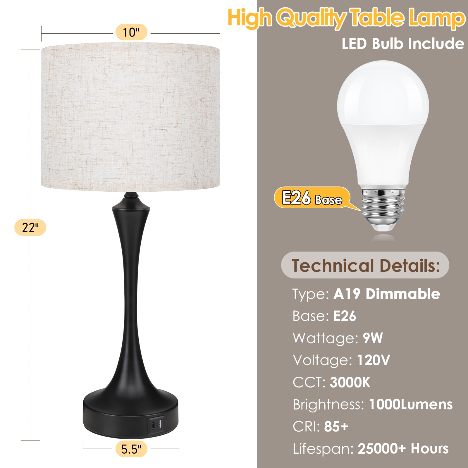 Ggoying 22” Set Of 2 Touch Control Table Lamp With Usb A+C Ports, 3-Level Dimmable Bedside Lamp With Fabric Lampshade, 3000K Led Bulbs, Nightstand Lamp For Bedroom Livingroom Office, Black