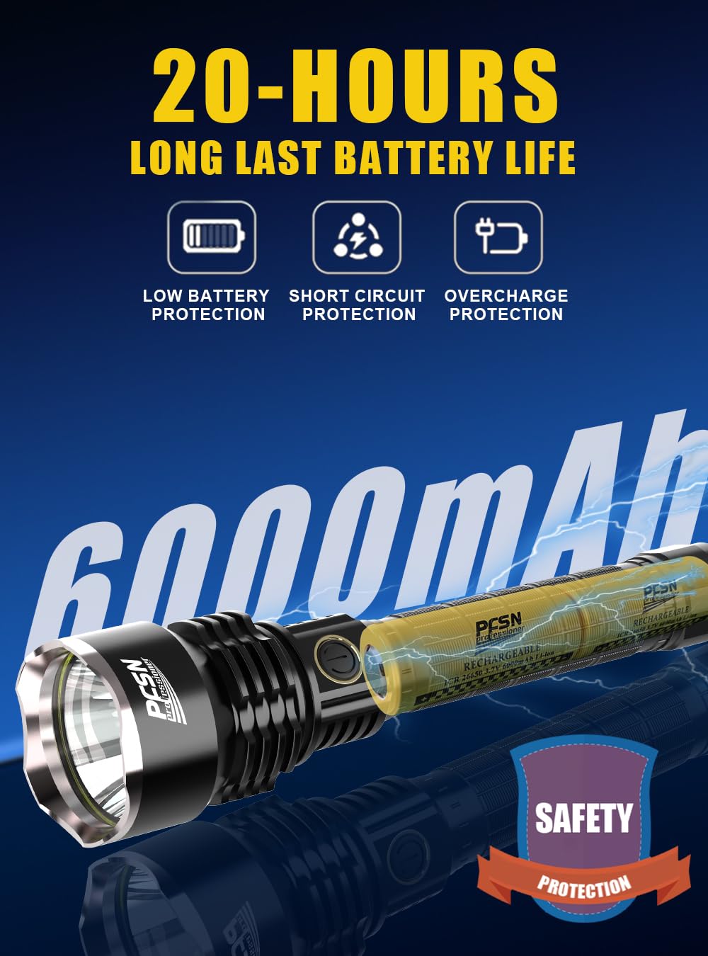 Pfsn Professioner Brightest Rechargeable Flashlights High Lumens - Pfsn 6000Lm Super Bright Tactical Flashlight Ipx65 Waterproof, 400M Long Range, 20Hrs Long Lasting Best Powerful Led Torch Battery Powered Flash Light
