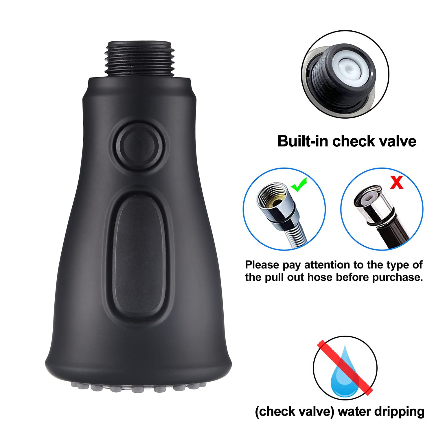 Deokxz Kitchen Sink Pull Down Faucet Spout Replacement Black, 3 Function (Flow/Spray/Water Blade) Sprayer Nozzle With Check Valve, G1/2 Connector Only