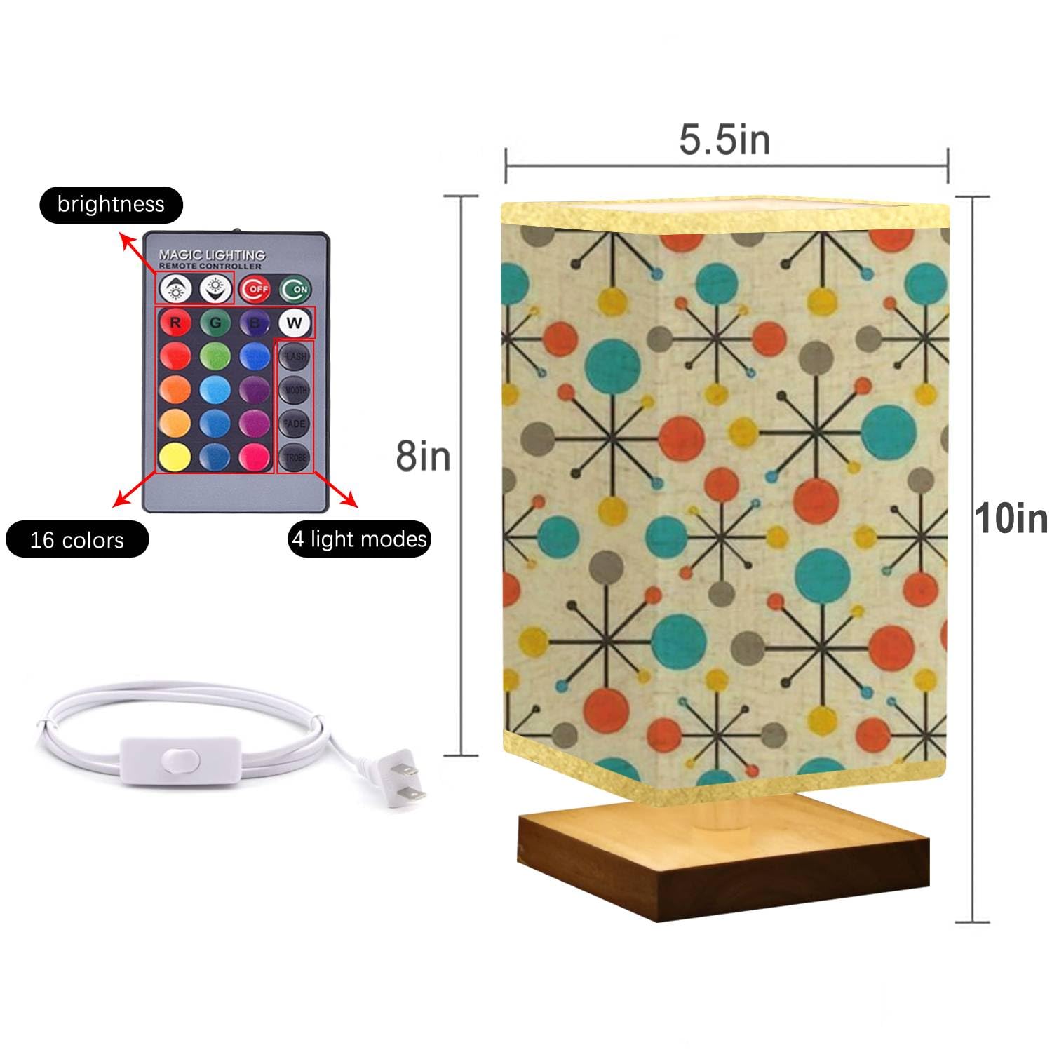 Svjklajfpi Square Bedside Table Lamp Mid Century Fifties Modern Atomic Retro Colors Seamless Wooden Base Fabric Shade Dimmable Nightstand Desk Lamp Living Room