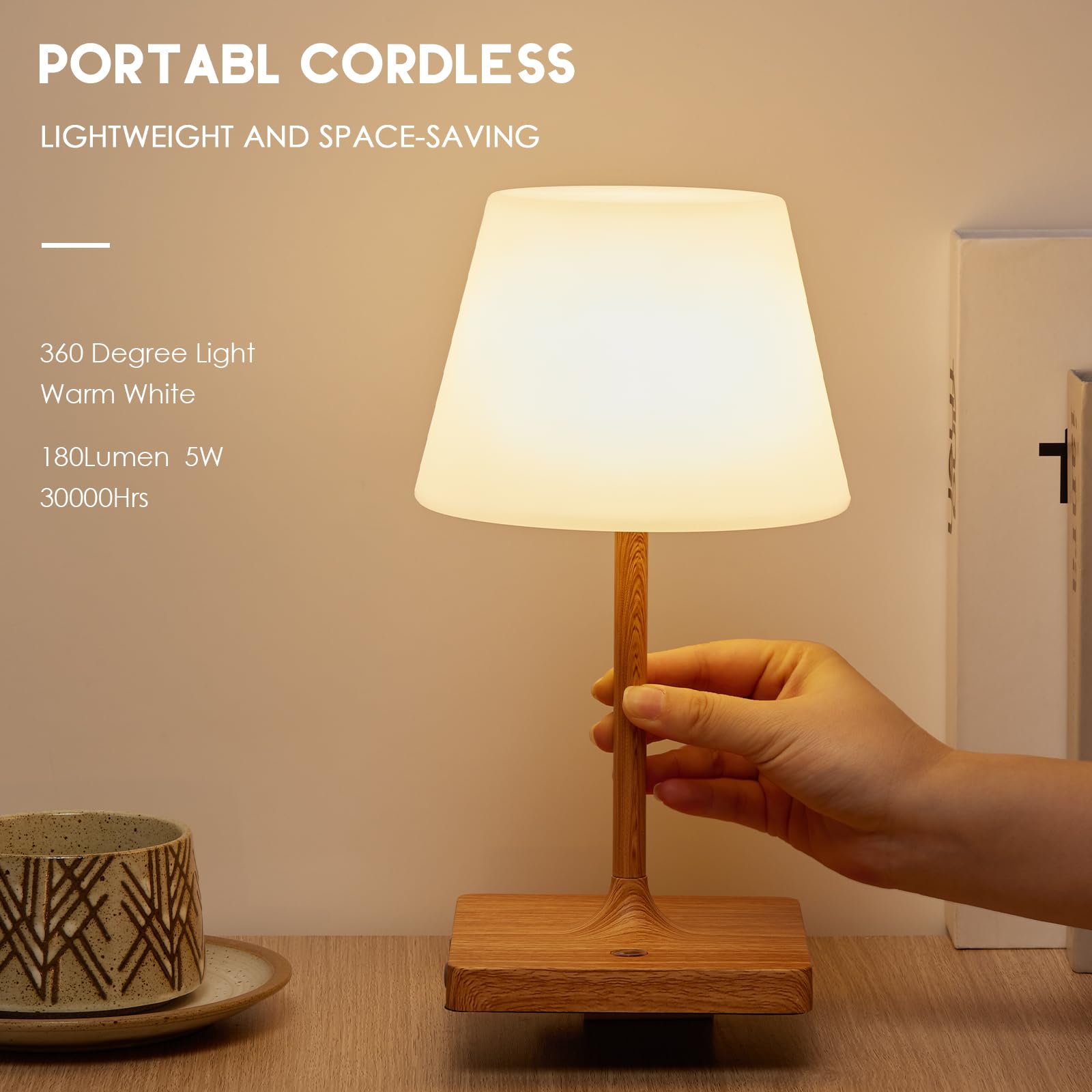 Deogos Portables Cordless Table Lamp, Outdoor Battery Operated Desk Lamp Waterproof, Built-In Rechargeable Battery, Touch Dimmable Night Light For Patio Camping Restaurant Home, Wood Grain