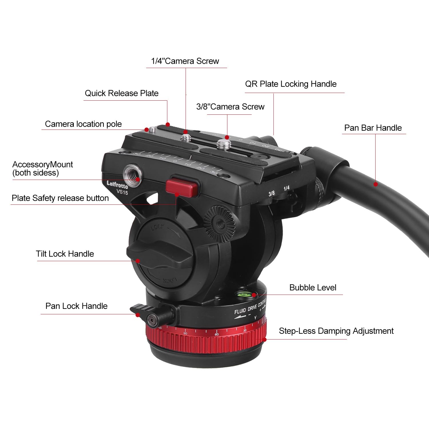 Leifrotto Large Tripod Head 75Mm Base, Vs15 Heavy Duty Fluid Tripod With Handle & Quick Release Plate For Manfrotto Video Head Mount Plate, Max Load 33Ibs, For Video Cameras, Dslr Mirrorless Cameras