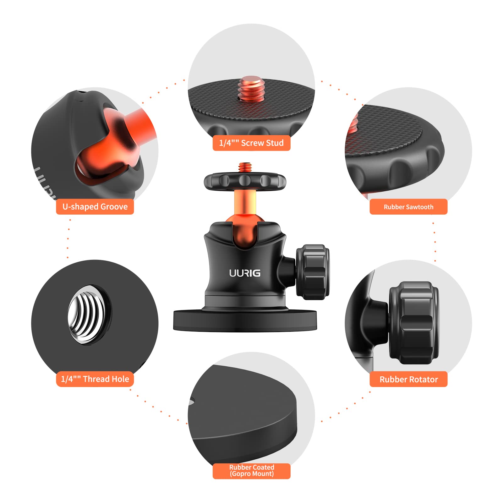 Vrig Express Uurig Bh07 Magnetic Camera Mount With 360° Ball Head, Magnetic Mount Base Stand With 1/4"-20 Thread Compatible With Gopro, Rubber Coated Magnet Base Deal For Mounting Action Cameras To Cars Body