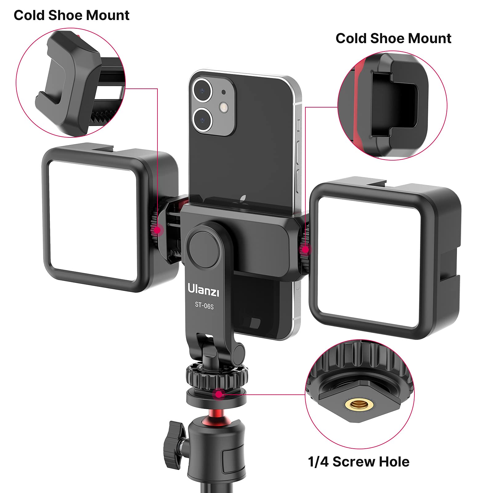 Ulanzi St-06S Phone Tripod Mount, Universal Smartphone Mount Adapter With 2 Cold Shoe, 360° Rotates Adjustable Cell Phone Clip Clamp Holder, Compatible With Iphone, Samsung Galaxy And All Phones