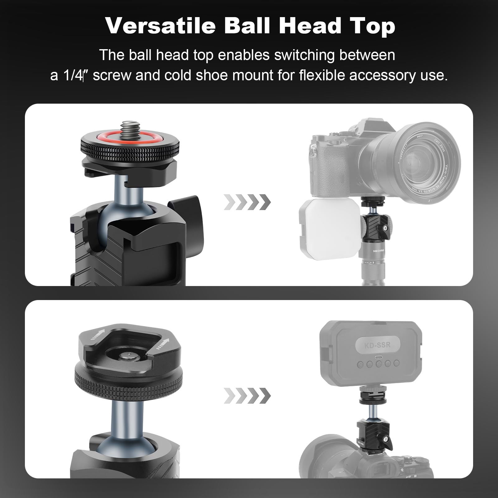 Mechrig Mini Ball Head Tripod Head With Triple Cold Shoe Mount, Aluminum Tripod Ball Head Mount For Dslr Action Camera/Smartphone/Led Light/Mic/Tripod/Monopod/Light Stand/Cage, Max Load 8.8Lb (62006)