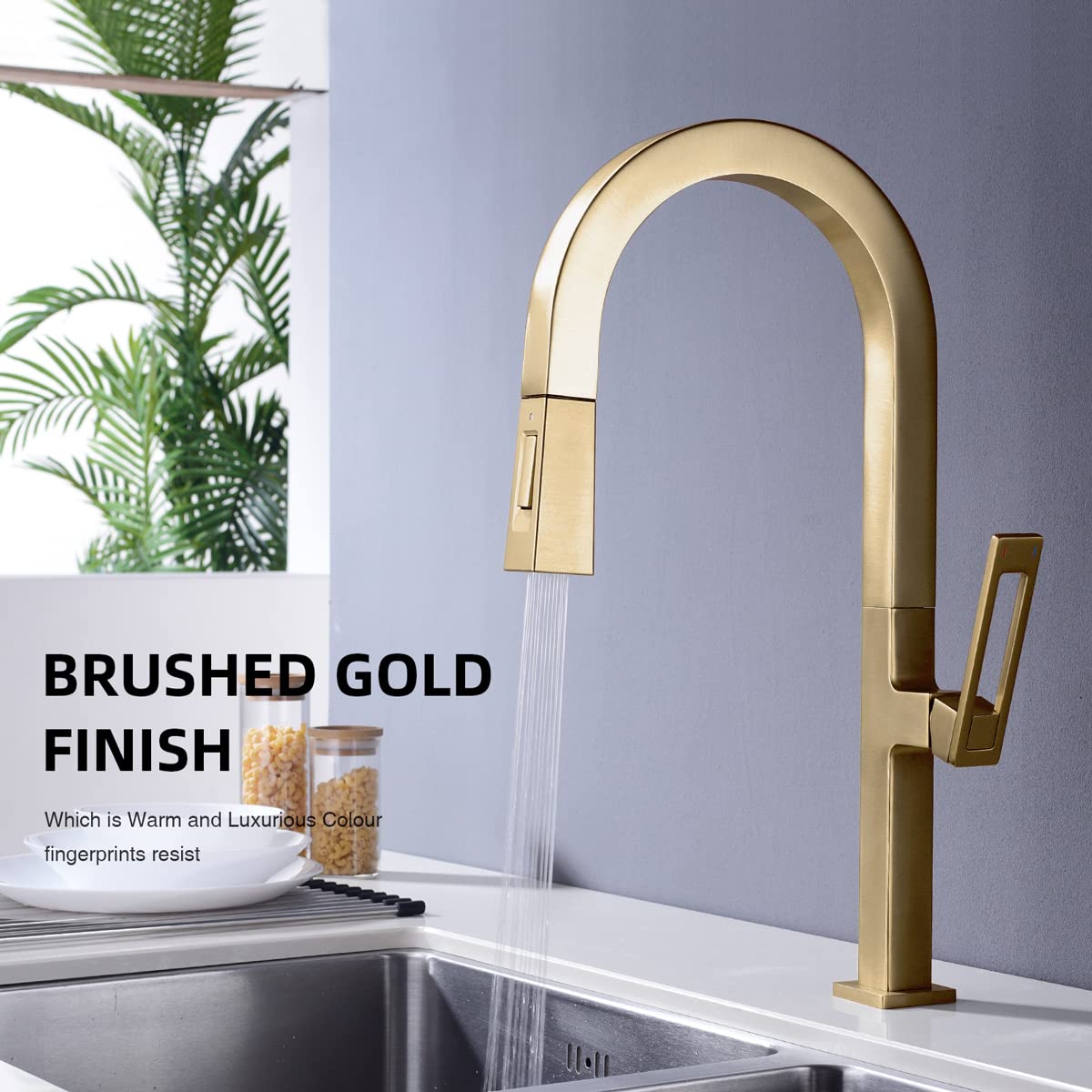 Trustmi Single Hole Kitchen Faucet With Pull Down Sprayer, Square Shape Bar Sink Faucet Swivel High Arc Gooseneck, Brushed Brass Gold