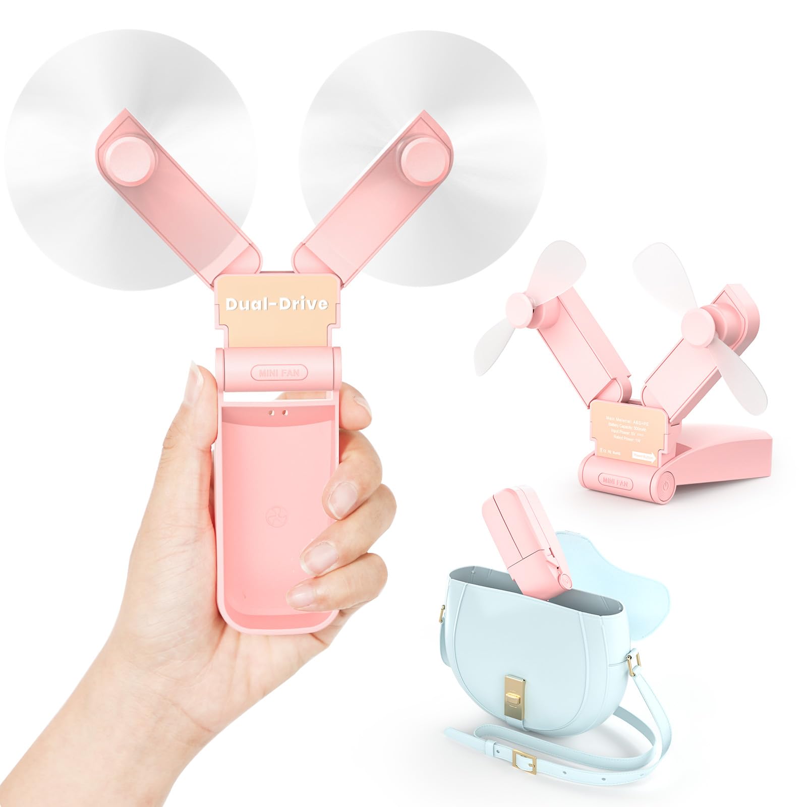 Koonie Portable Handheld Fan, Foldable Battery Operated Fan With Dual Head, 2 Speeds, Small Pocket - Koospark