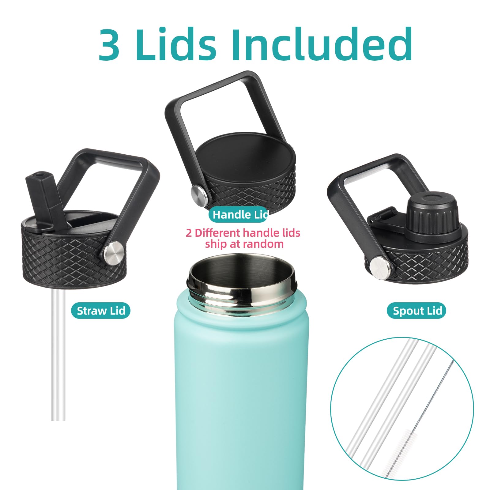 22Oz Stainless Steel Bottles With 3 Lids Sport Insulated Water Bottle,Turquoise