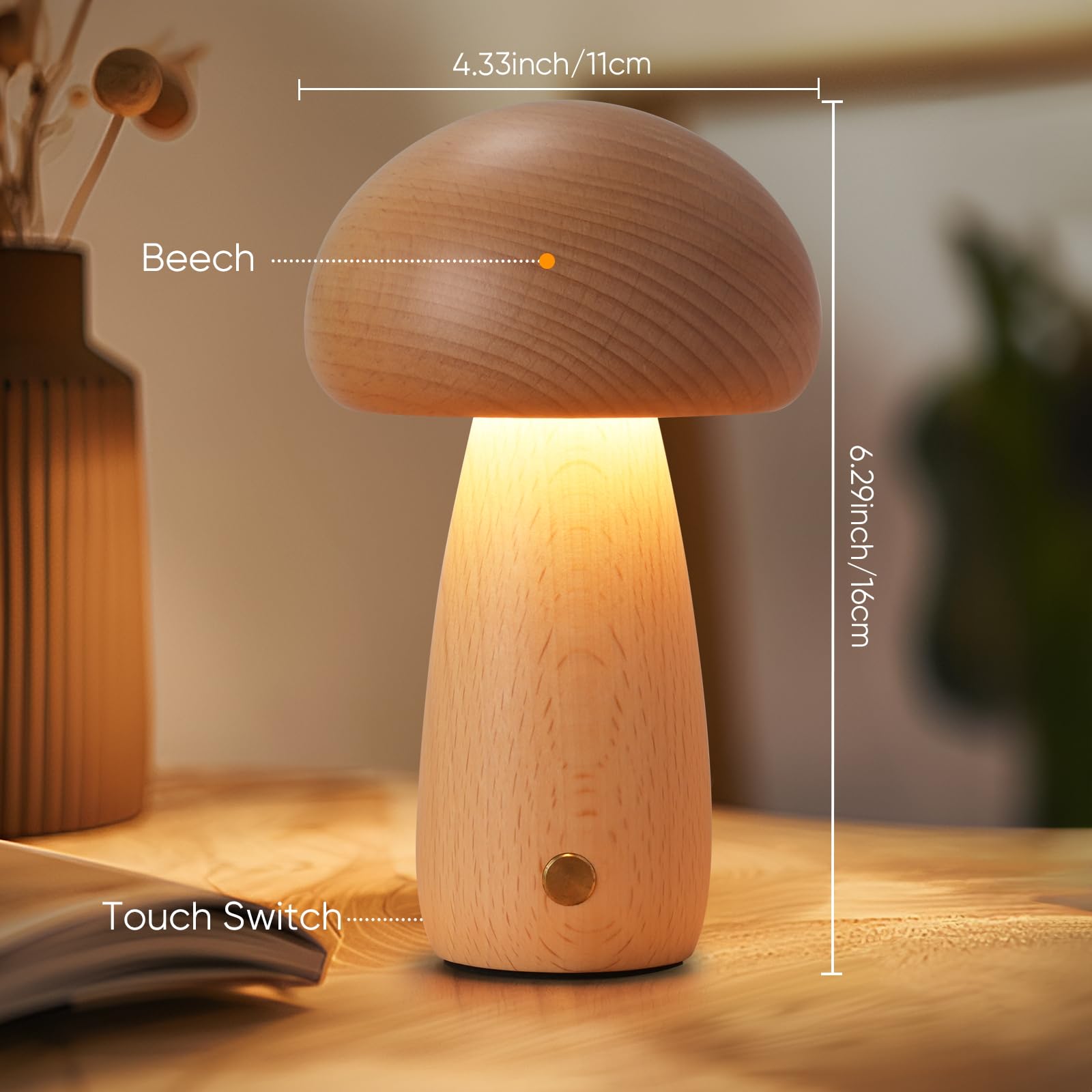 Lonrisway 2 Pack Wooden Mushroom Lamp, Portable Cordless Touch Switch Small Rechargeable Battery Operated Lamp,Stepless Dimming,