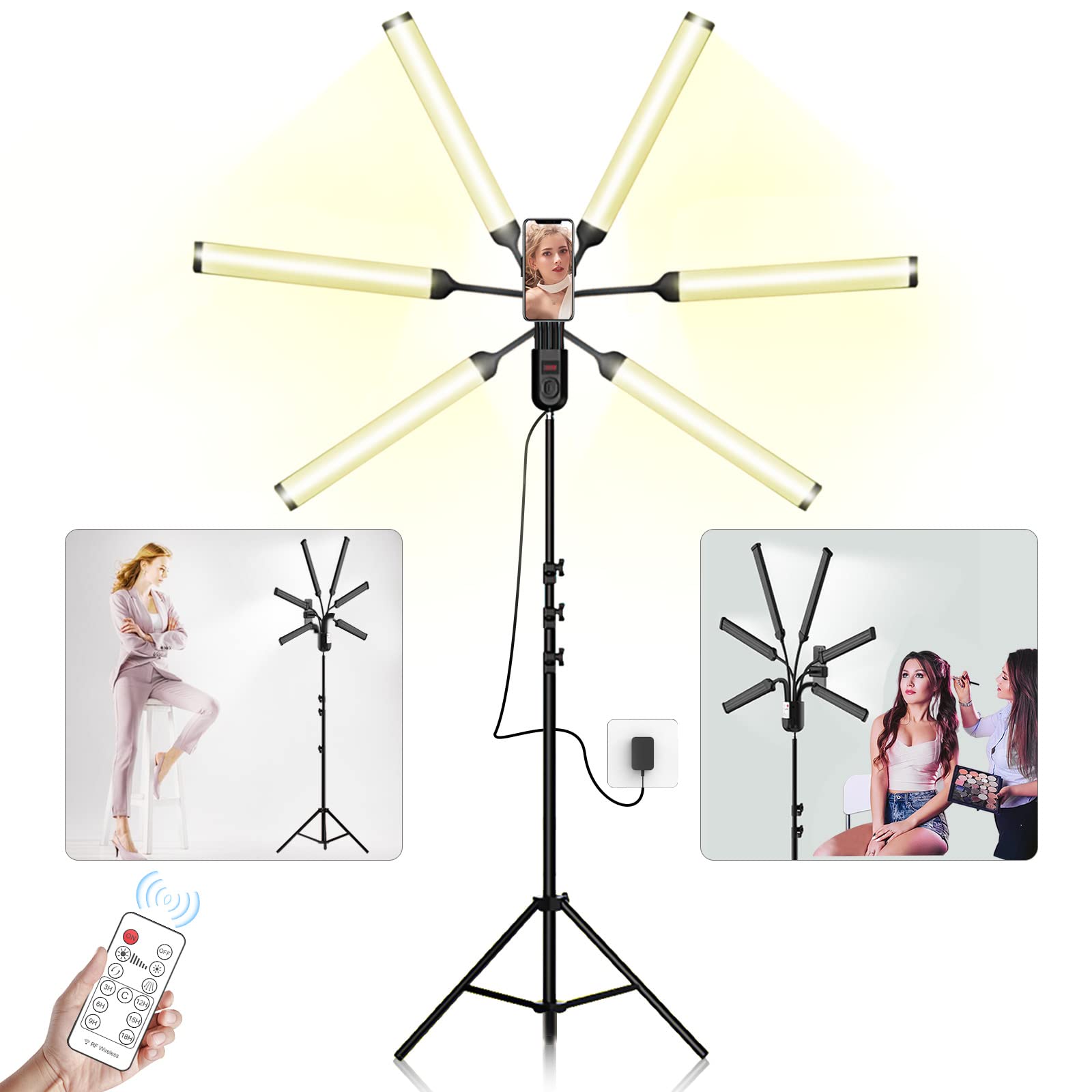 Surbort Led Fill Light, 63“ Liftable Tripod Video Light, For Photography/Makeup/Live Streaming/Tiktok, 6 Heads 3 Color Lighting，11 Levels Of Adjustable Brightness, 3-18H Timer, Remote Control（S6）