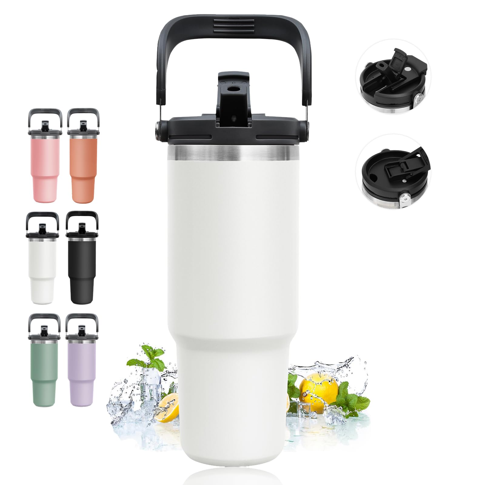 Indarun 30 Oz Tumbler With Handle And Straw, Water Bottle Stainless Steel Double Wall