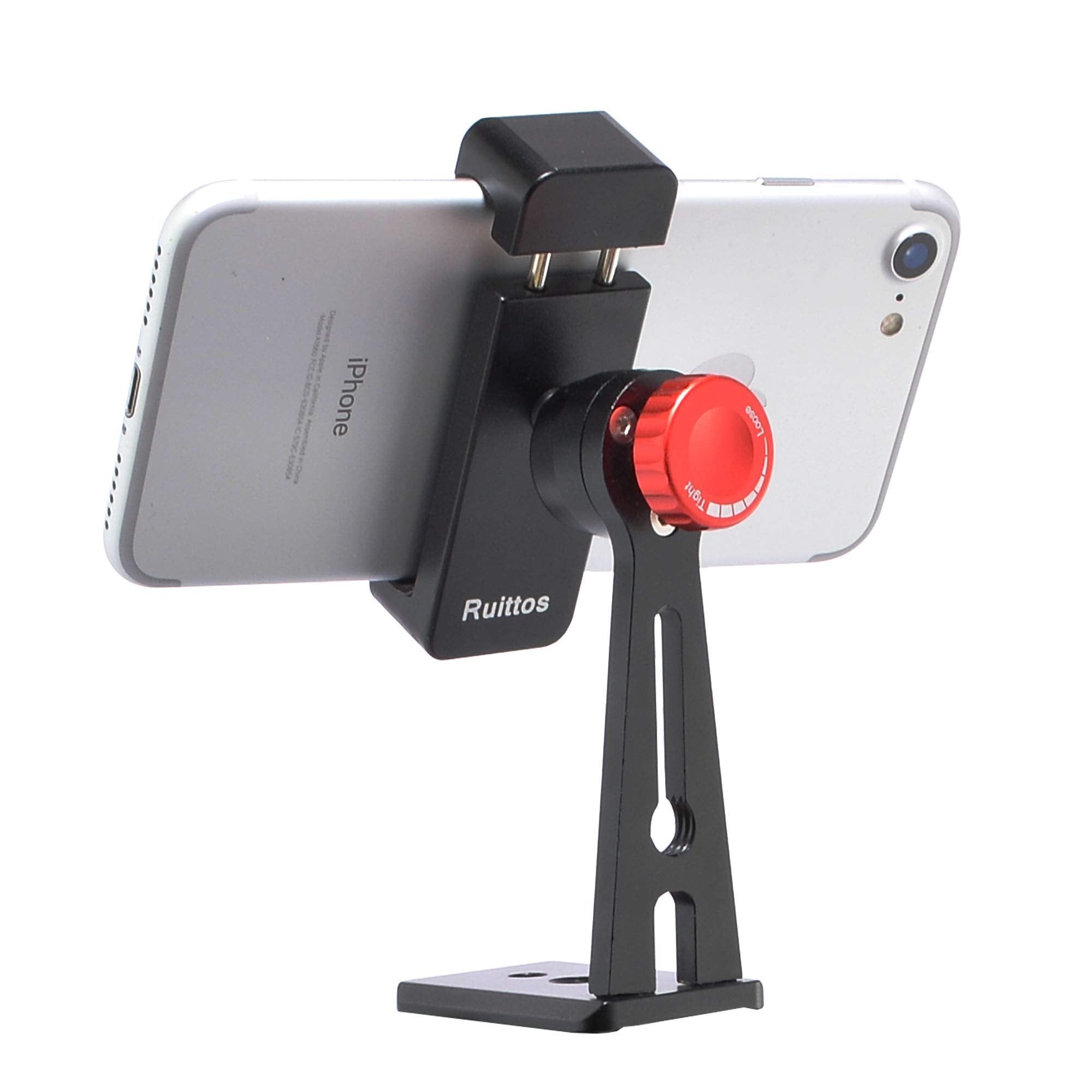 Ruittos Phone Holder For Tripod, Metal Cellphone Tripod Adapter 360 Degree Rotation Vertical Video Smartphone Bracket Clip Compatible With Iphone X Xs Xr 8 Samsung Galaxy S10 S9+ Huawei (Black C18)