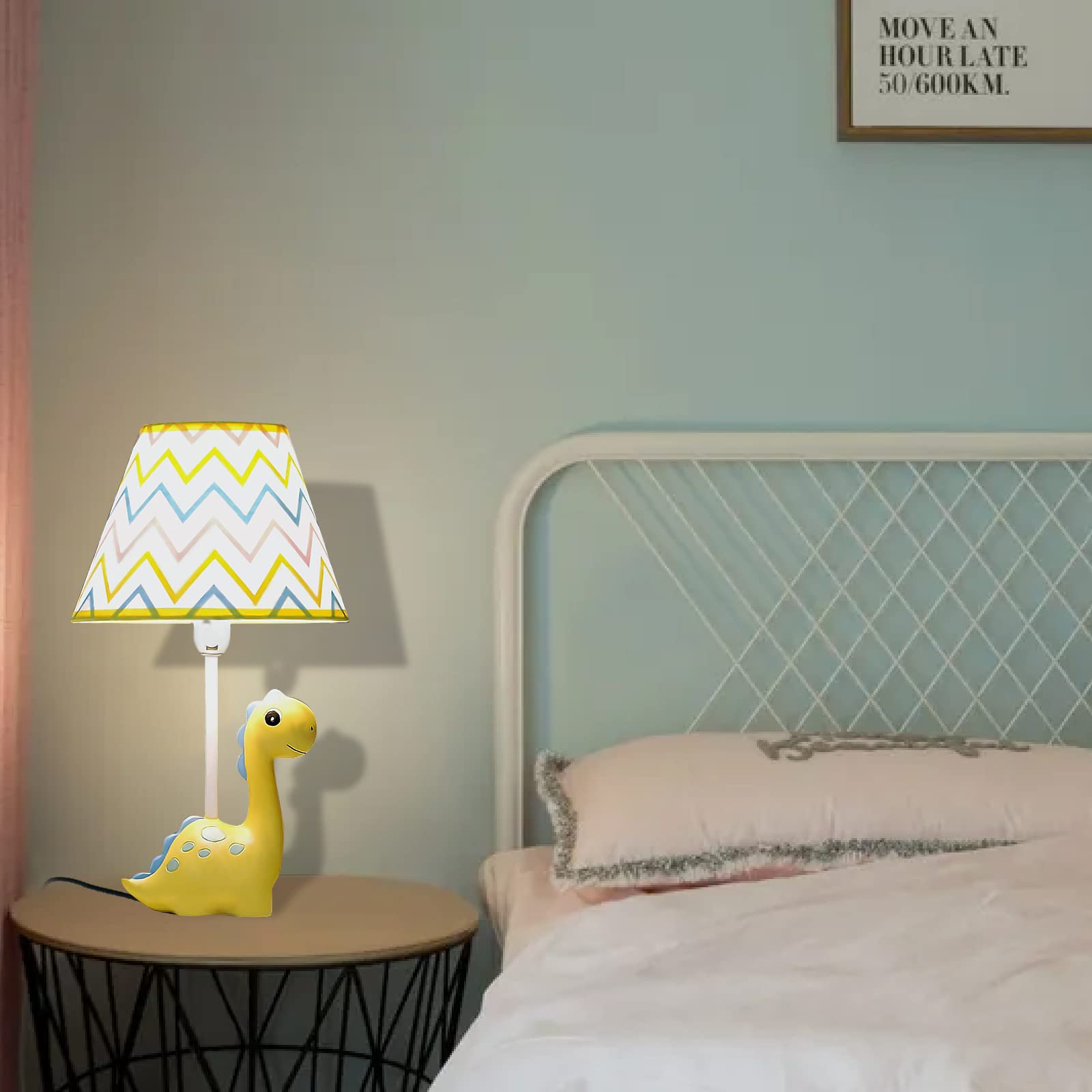 Herbestbay Kids Table Lamp, Thunder Dinosaur Lamp Design Bedside Table Lamp, 13 Inch Tall Desk Lamp With Barrel Lampshade For Kids Bedroom Décor, Come With An Led Bulb (Yellow Dinosaur)