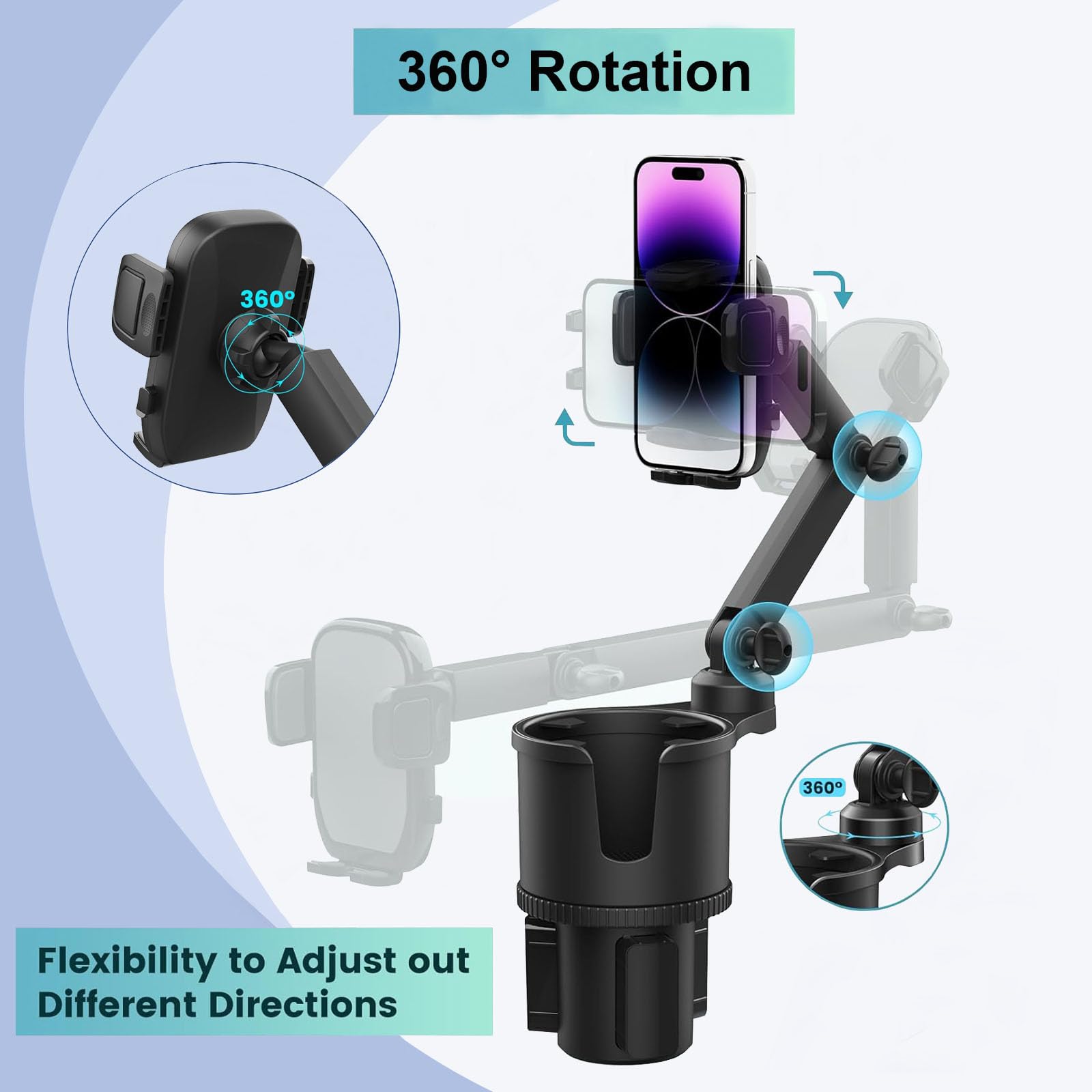 Easkkty Car Cup Holder Expander Phone Holder With Adjustable Arm And Base, 2 In 1 Phone Mount And Cupholder Adapter With Expandable Base For Most Large Drink Bottle And Fit All 4-7'' Smartphones