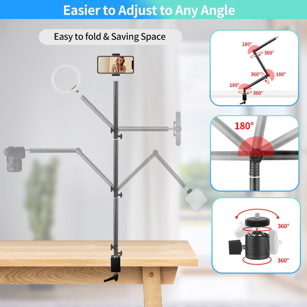 Jebutu Heavy Duty Overhead Camera Desk Mount Stand 14.5"-41" With 1/4" Screw, 3-Section 360°Rotatable Detachable Articulating Boom Arm With Enlarged Handle C Clamp, Tabletop Light Stand For Streaming Vlog