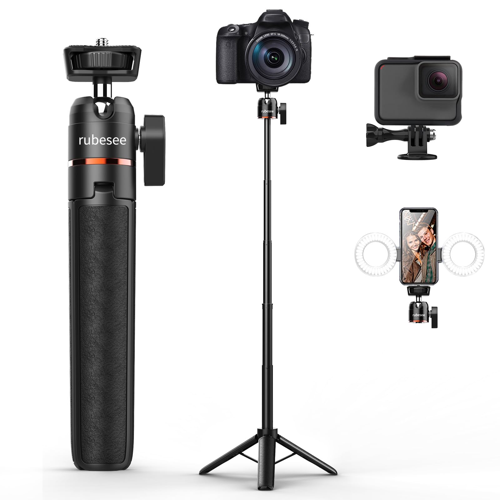 Rubesee Mini Tripod For Gopro Camera, 24.61"/62.5Cm Extendable Mini Tripod With 5 Levels Adjustment 360° Ball Head 1/4" Screw For Vlog Handle Grip Desktop Gopro Dji Osmo Action Camera