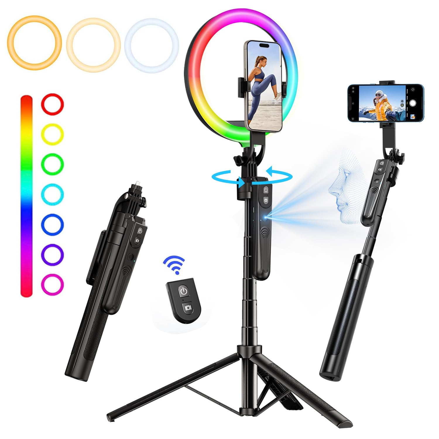 Yayusi Auto Face Tracking 360 Rotation With 10" Rgb Ring Light, Phone Tripod & Selfie Stick With Remote For Cell Phone 4"-7", Motion Sensor For Live Stream Vlog Video Recording