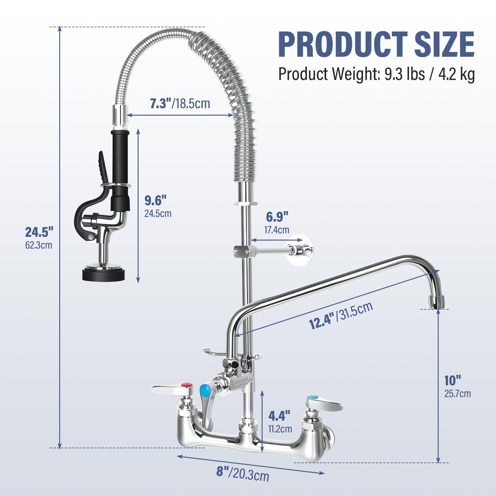 Xeoca Commercial Faucet With Pre-Rinse Sprayer 8" Adjustable Center Wall Mount Kitchen Faucet 12" Swivel Spout 25" Height Compartment Sink Faucet Lead- Brass For Home And Industrial Restaurant