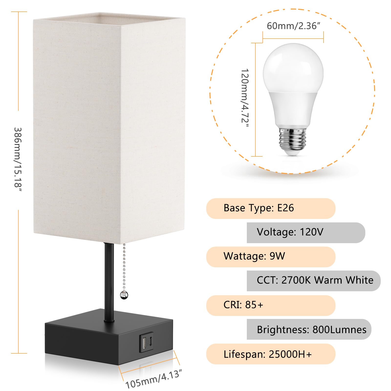 Ggoying Bedside Table Lamp, Pull Chain Table Lamp With Usb C+A Charging Ports, 2700K Led Bulb, Fabric Linen Lampshade, Nightstand Lamp For Livingroom Bedroom Office Reading Working