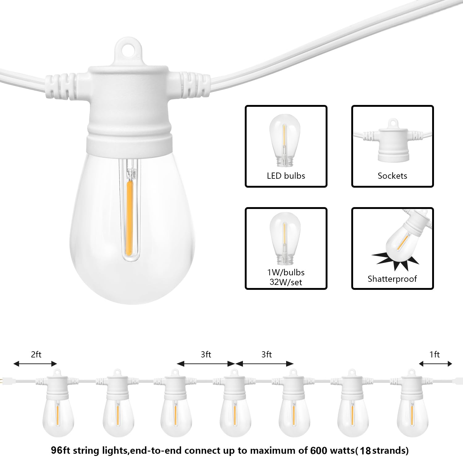 Sunthin White Outdoor String Lights, 96Ft White Patio Lights With 32 Shatterproof Led Bulbs For Garden, Backyard, Porch, Cafe, Deck, Wedding, Party, Gathering