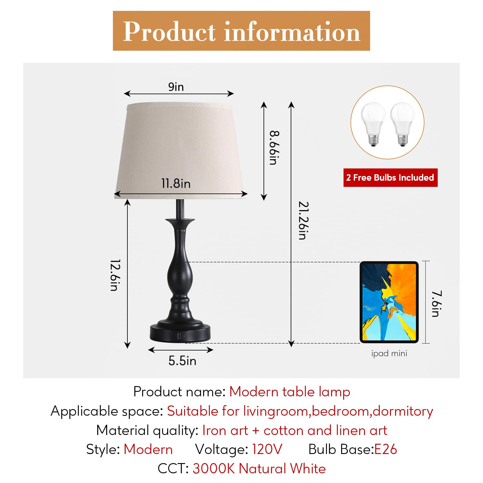 Lauag Bedside Table Lamp Touch Control Bedroom Lamps With Usb-C Usb-A Charging Port 3 Way Dimmable Touch Lamps For Nightstand Living Room Bedroom Dorm Home Office Reading, Set Of 2