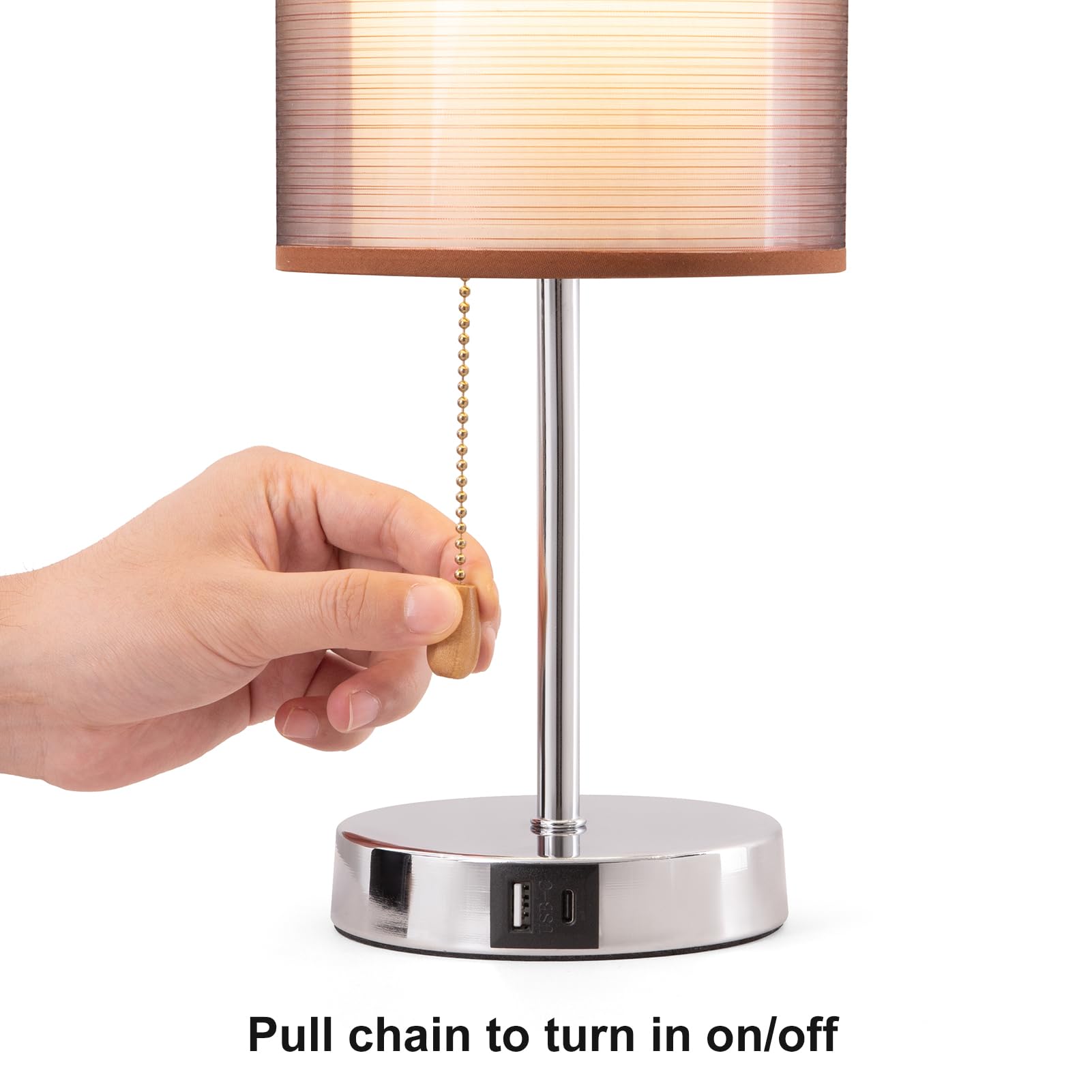 Dawalight Led E26 Table Lamp With Pull Chain, Modern Desk Lamp, Minimalist Office Lamp For Bedside, Bedroom Lamps With Usb, Lamps For Nightstands Funky, Living Room, Home Office, Chrome
