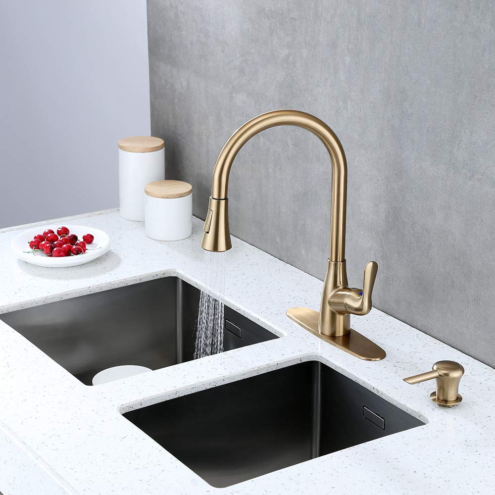 Derengge Brushed Gold Kitchen Faucet Single Handle Pull-Down Kitchen Sink Faucet With Soap Dispenser And Deck Plate, Faucet For Farmhouse, Camper, Laundry, Rv, Bar,Kf-058Ds-Cs