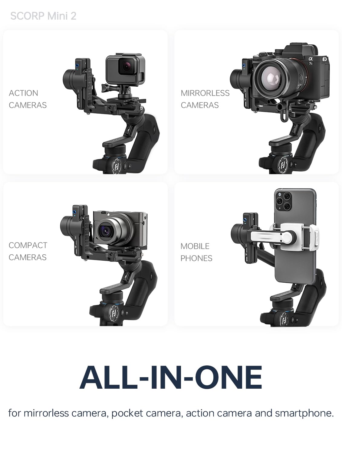 Feiyutech Scorp Mini 2 [Official] Gimbal Stabilizer With 3 Axis, All In One Gimbal For Mirrorless Cameras,Smartphone,Action Cameras,Built-In Ai Tracker,Vertical Quick Release Plate,Black
