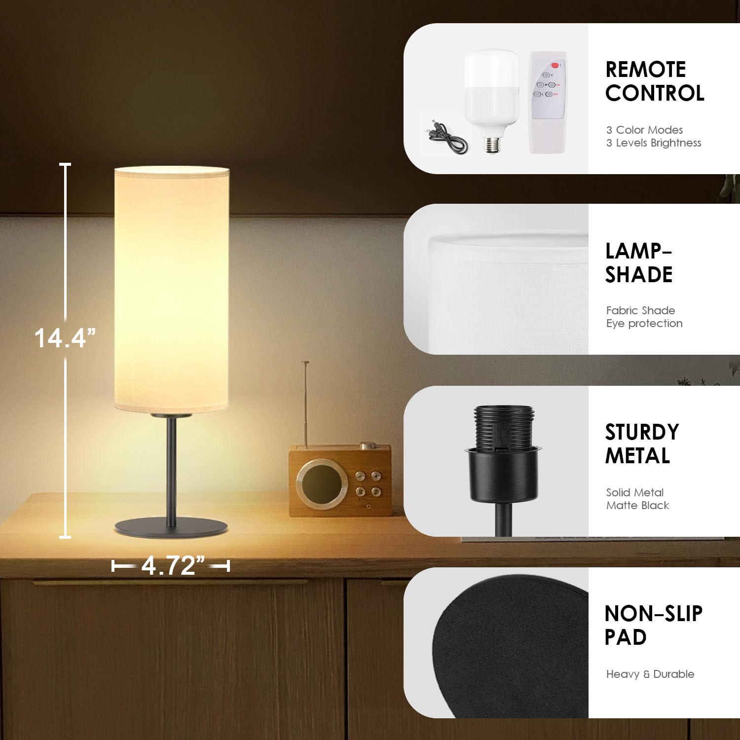 Aoceley Black Battery Operated Table Lamp Remote Control Cordless Rechargeable Lamp Dimmable 3-Way Nightstand Lamp With Fabric Shade For Bedroom, Living Room, Office (Led Bulb Included)