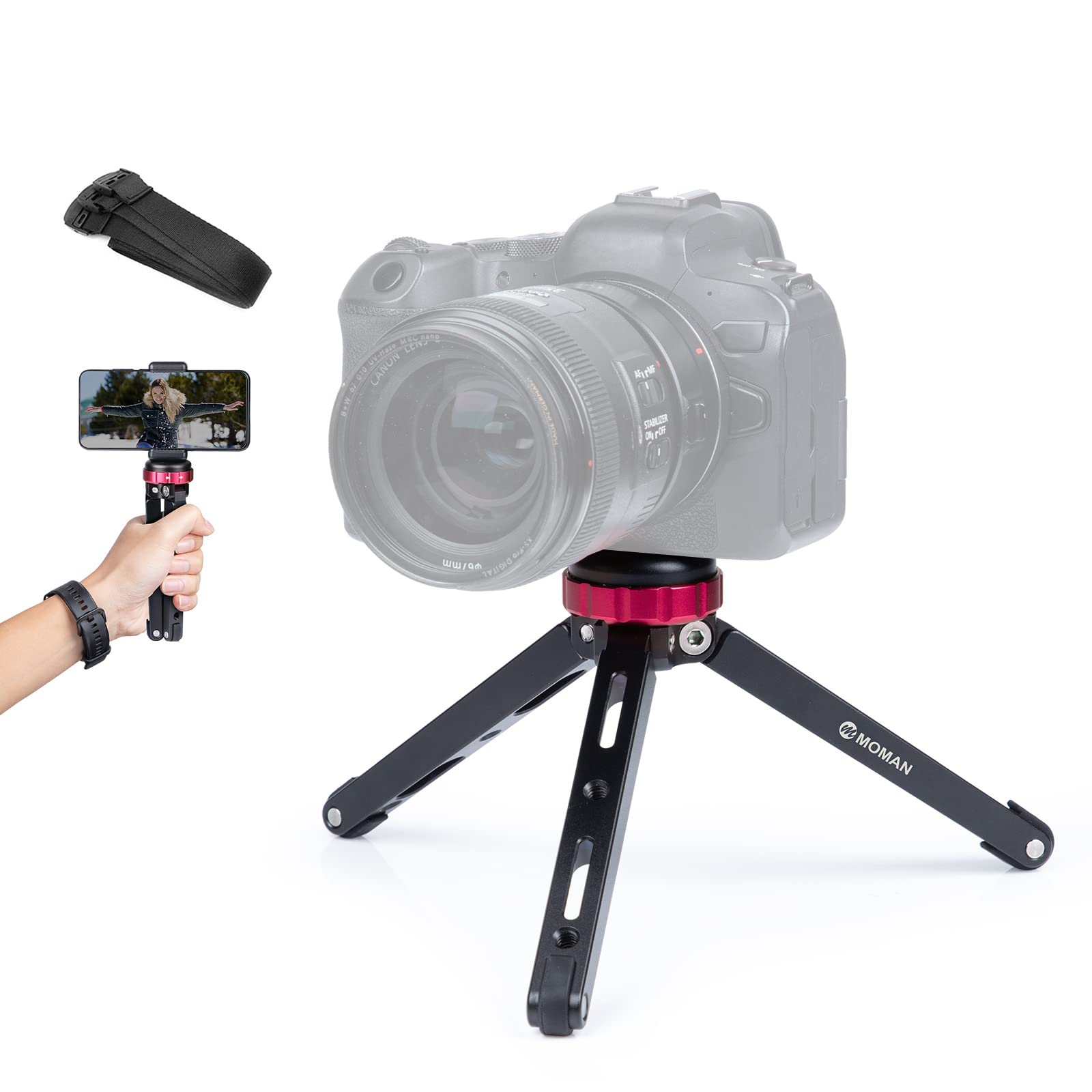 Moman Mini Camera Tripod, Tabletop Short Tripod Desktop Tr01 With 1/4 And 3/8 Screw Mount And Function Leg Cnc Aluminum Tripod For Dslr Camera/Gopro/Video/Camcorder, Max Payload Of 176 Lbs/80Kg, Red