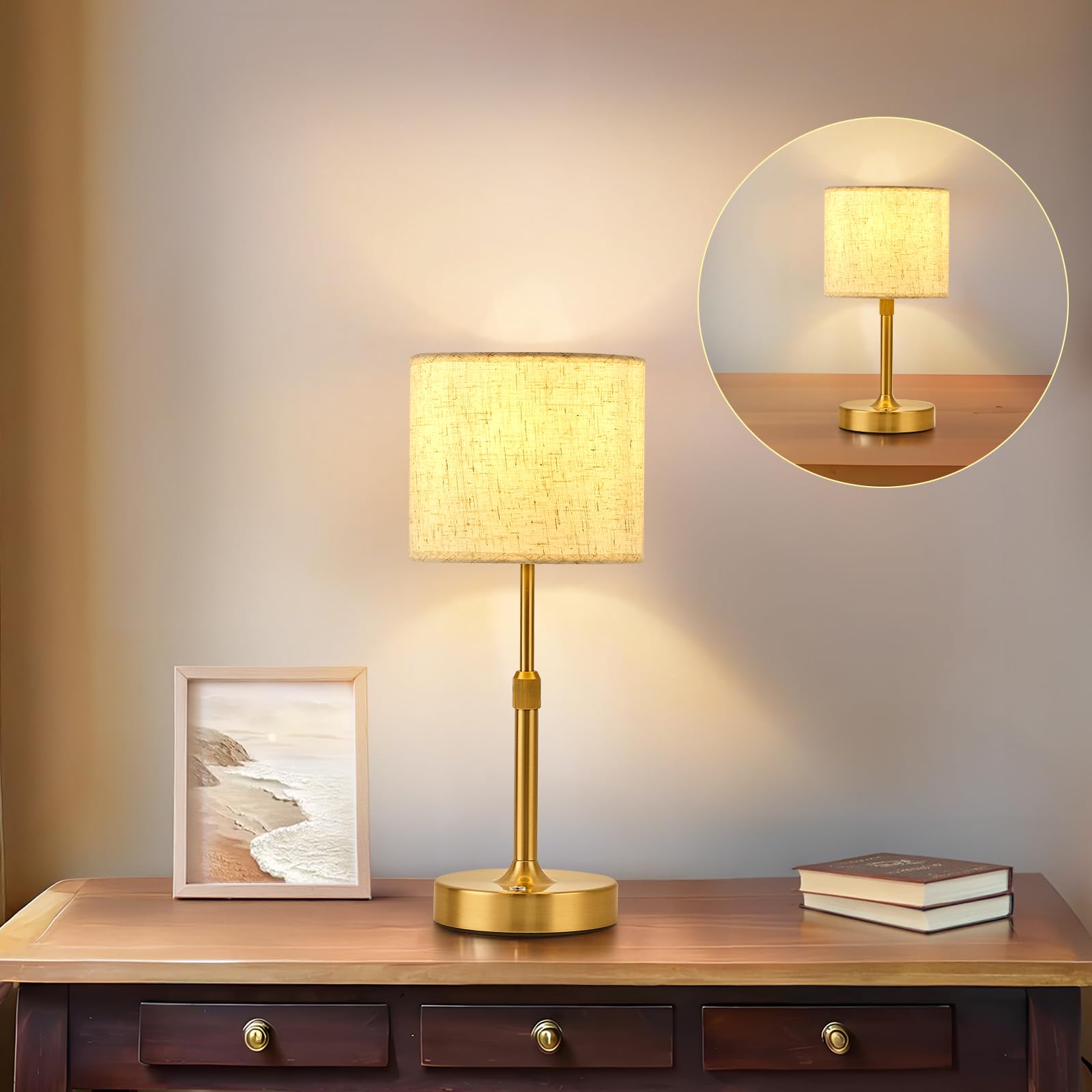 Sisihokai Portable Rechargeable Cordless Table Lamp, Touch Dimmable Battery Operated Lamp, Height Adjustable Bedside Lamp, Ambient Light For Kitchen, Patio, Restaurant, Antique Brass, Linen