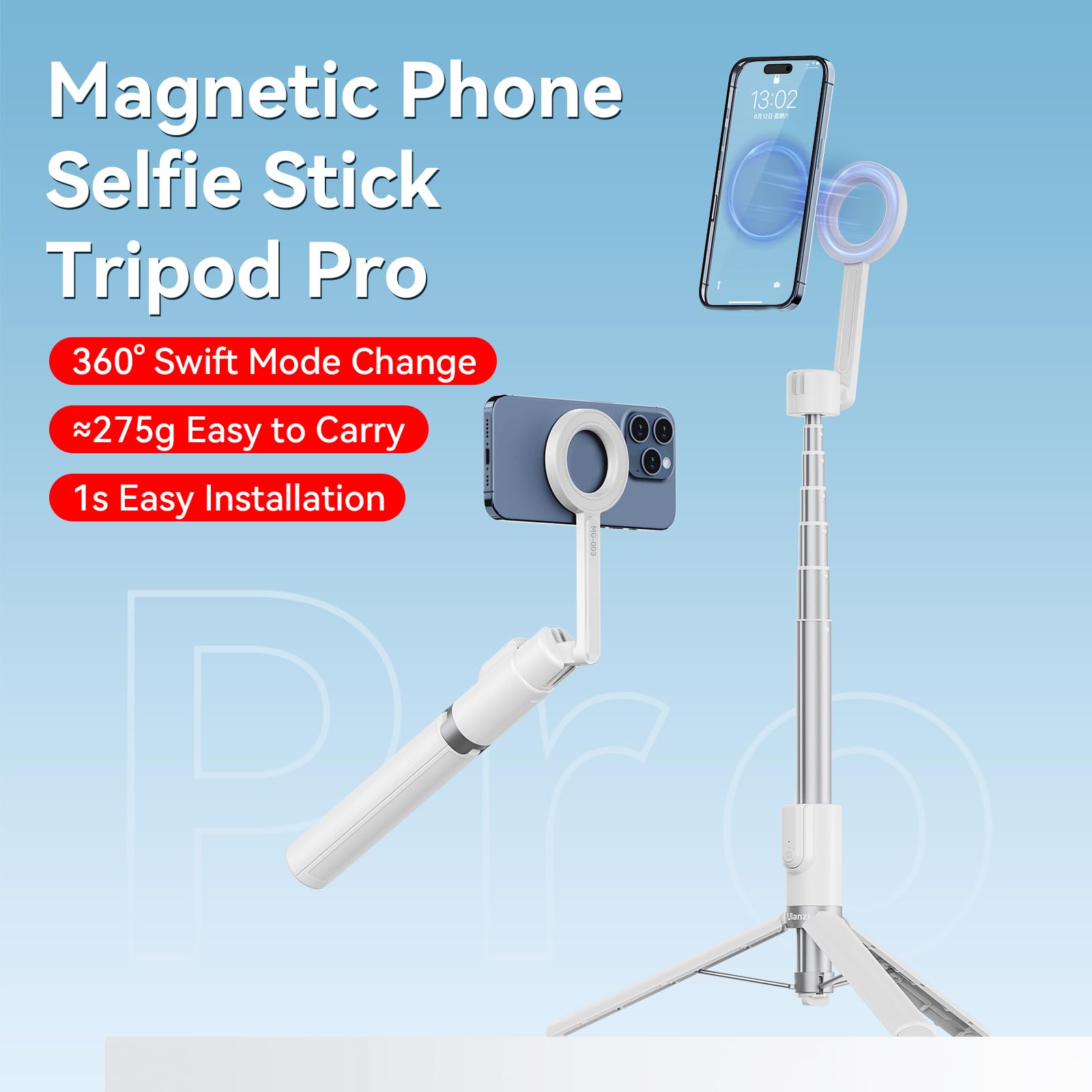 Ulanzi 54'' Magnetic Selfie Stick Tripod Pro, All-In-One Phone Tripod W Magnetic Phone Holder & Detachable Wireless Remote, C/W Magsafe, For Iphone 16 15 14 13 12 Series & Android Phones (White)