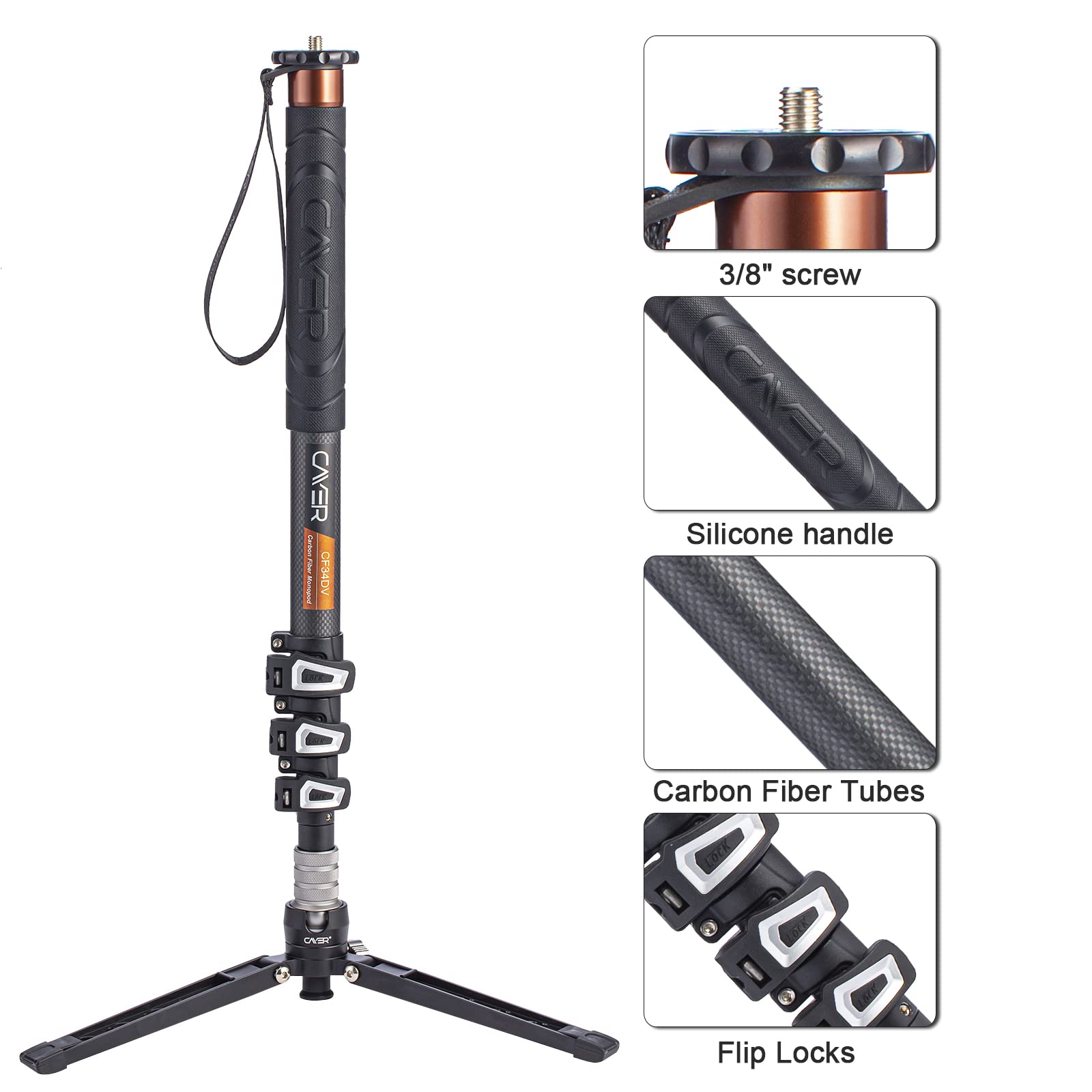Cayer Carbon Fiber Monopod Leg, 68 Inch Camera Telescopic Video Monopod Tube With Feet, Compatible For Dslr Cameras And Camcorders